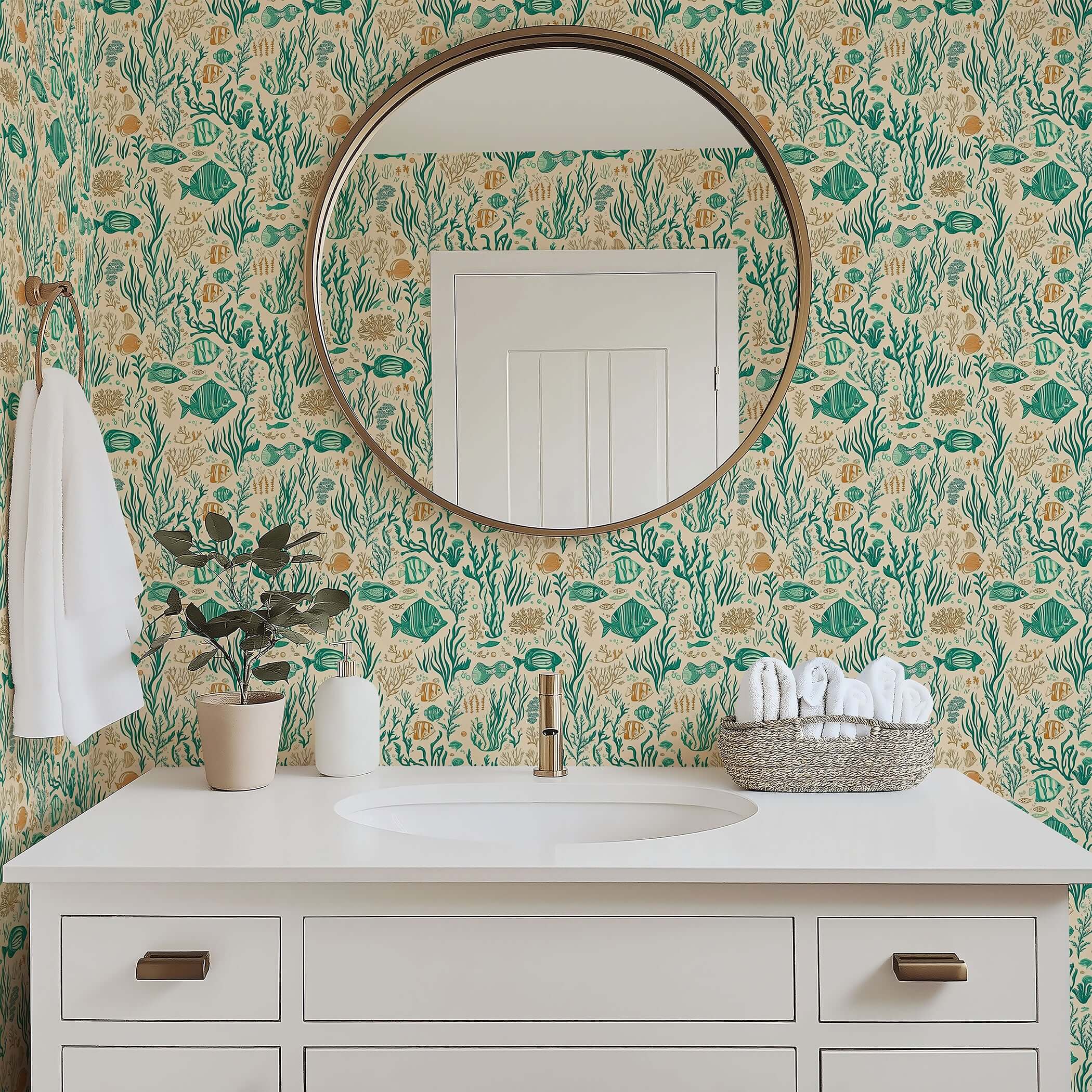 Mid-century modern bathroom with Coral Reef Chronicles wallpaper featuring fish, coral, and seaweed in teal and sandy hues.