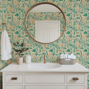 Mid-century modern bathroom with Coral Reef Chronicles wallpaper featuring fish, coral, and seaweed in teal and sandy hues.