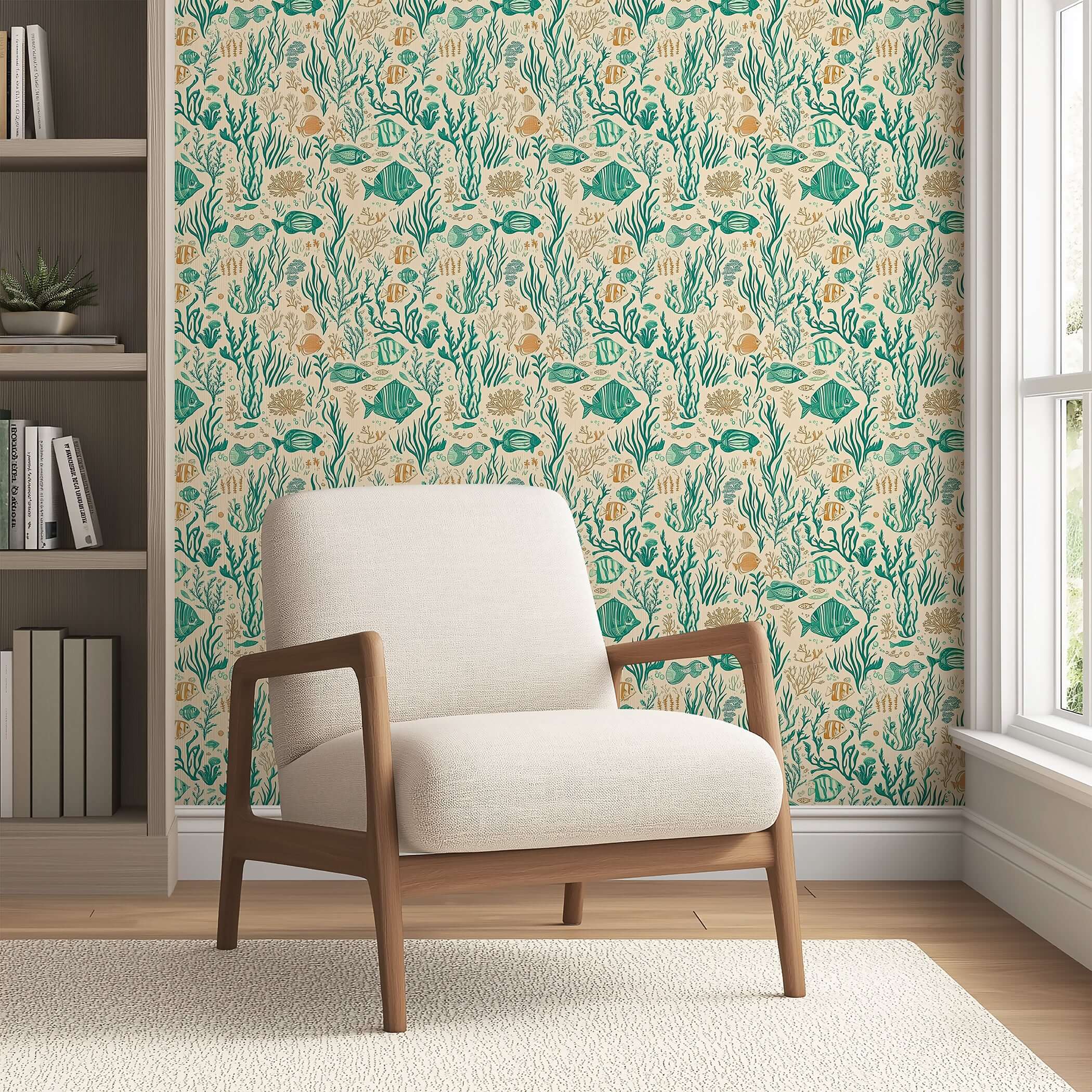 Mid-century modern chair against a coastal wallpaper featuring fish, coral, and seaweed in teal and sandy hues for a serene atmosphere.
