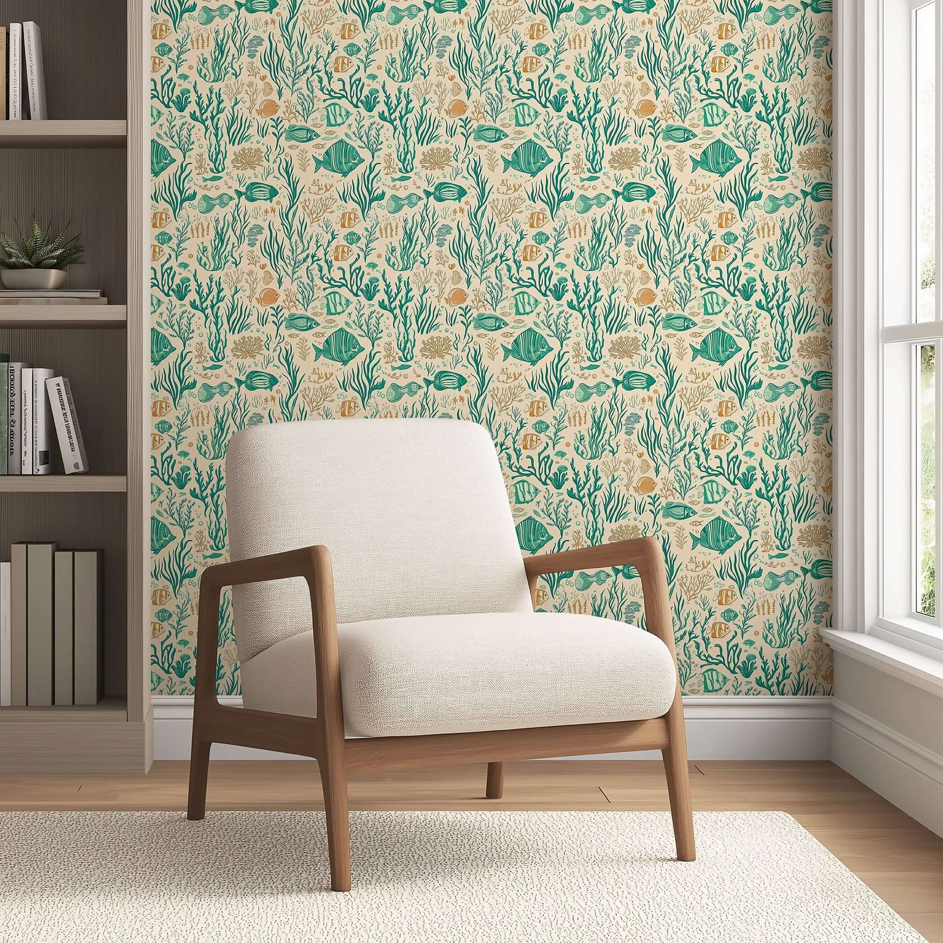 Mid-century modern chair against a coastal wallpaper featuring fish, coral, and seaweed in teal and sandy hues for a serene atmosphere.