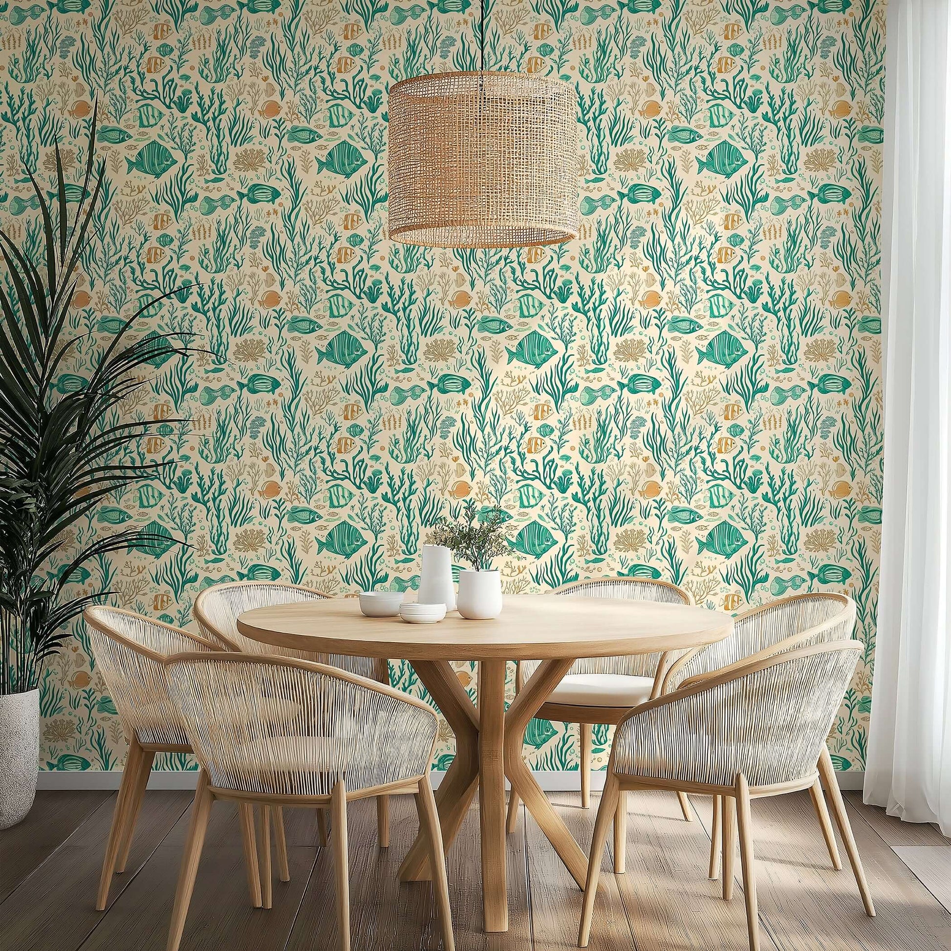 Coastal wallpaper featuring fish, coral, and seaweed in teal and sandy hues for a mid-century-modern dining room.