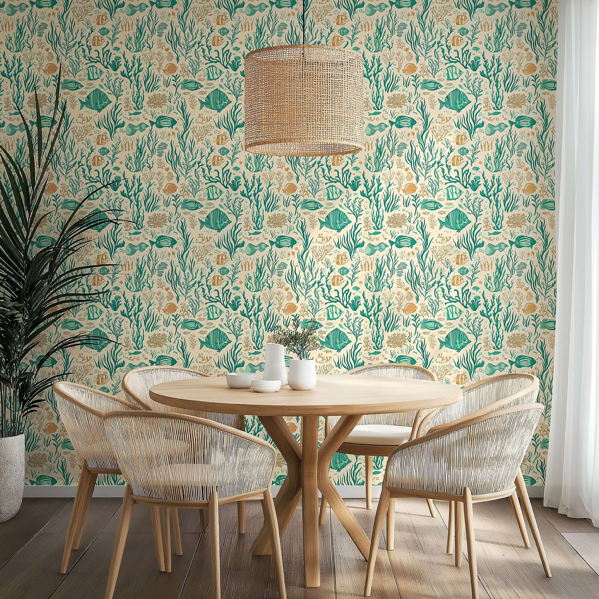 Coastal wallpaper featuring fish, coral, and seaweed in teal and sandy hues for a mid-century-modern dining room.