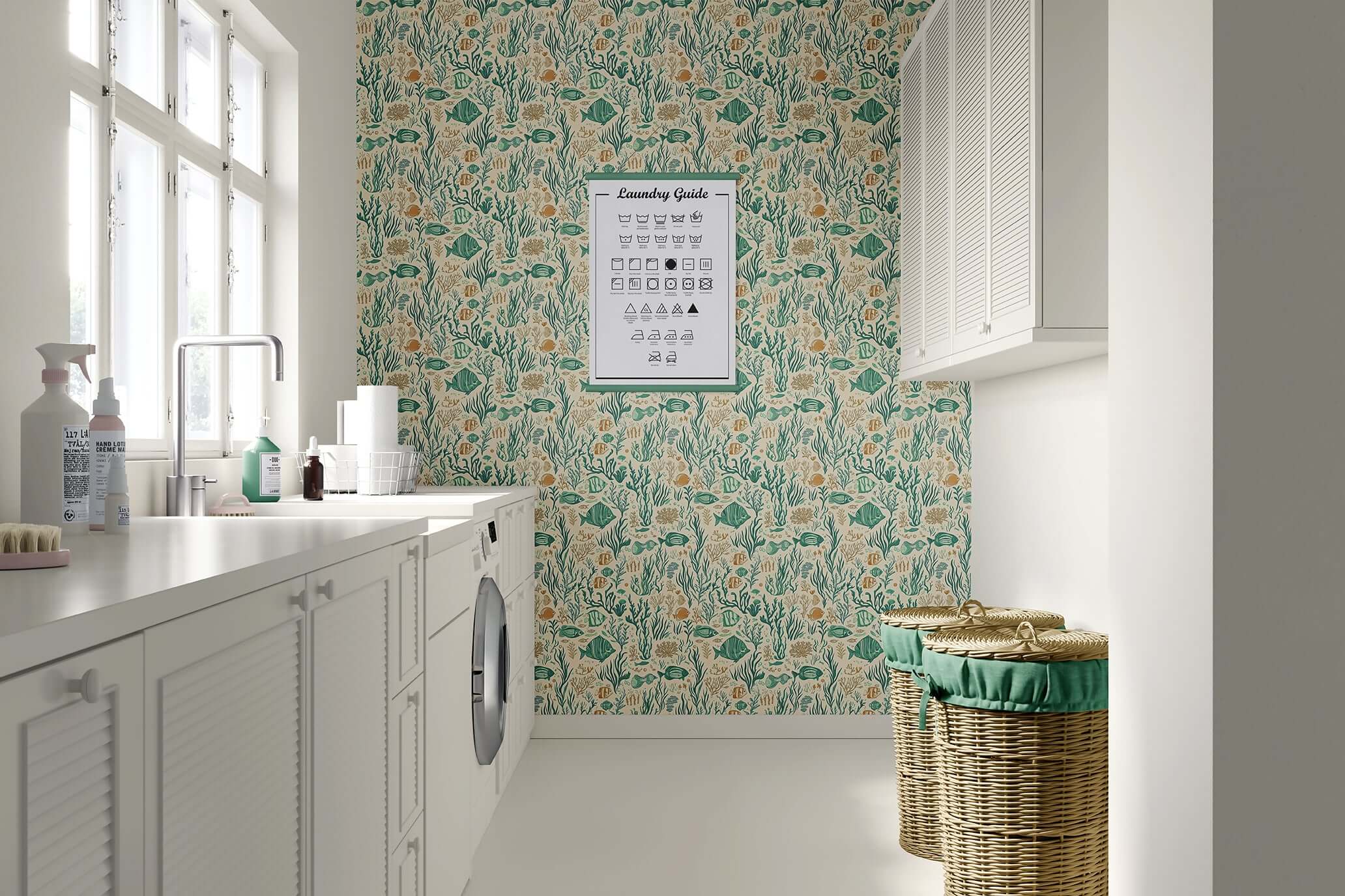 Laundry room with Coral Reef Chronicles wallpaper featuring fish, coral, and seaweed in a coastal mid-century-modern style.
