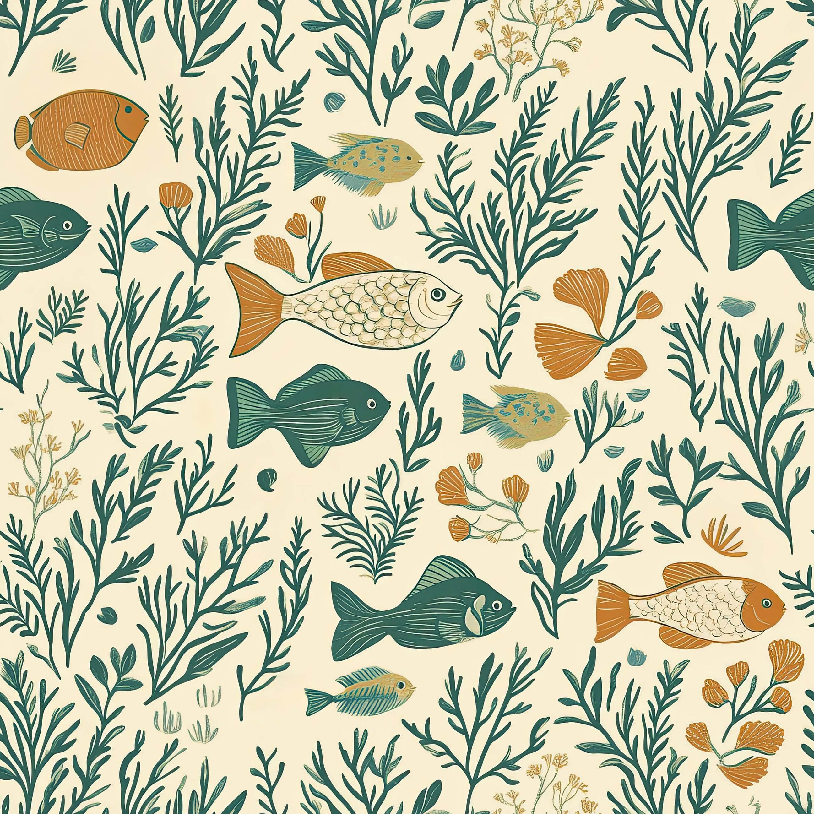 Sea Garden Bliss wallpaper with fish, coral, and seaweed in teal and green, ideal for coastal, mid-century modern decor.