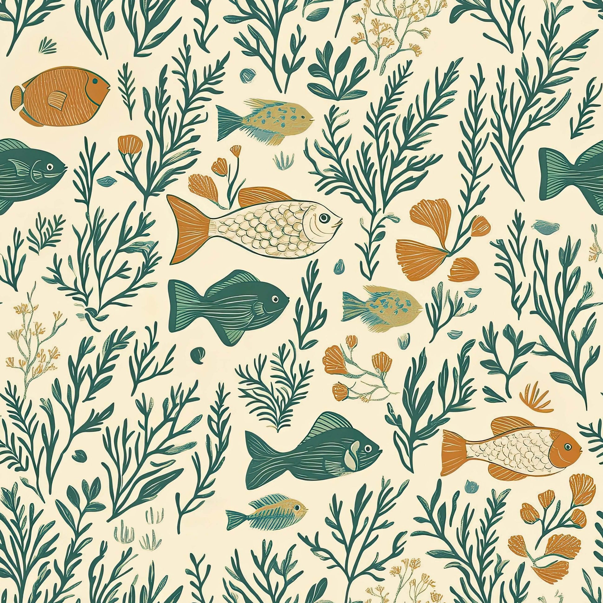 Sea Garden Bliss wallpaper with fish, coral, and seaweed in teal and green, ideal for coastal, mid-century modern decor.