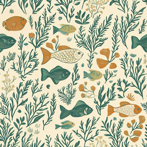 Sea Garden Bliss wallpaper with fish, coral, and seaweed in teal and green, ideal for coastal, mid-century modern decor.