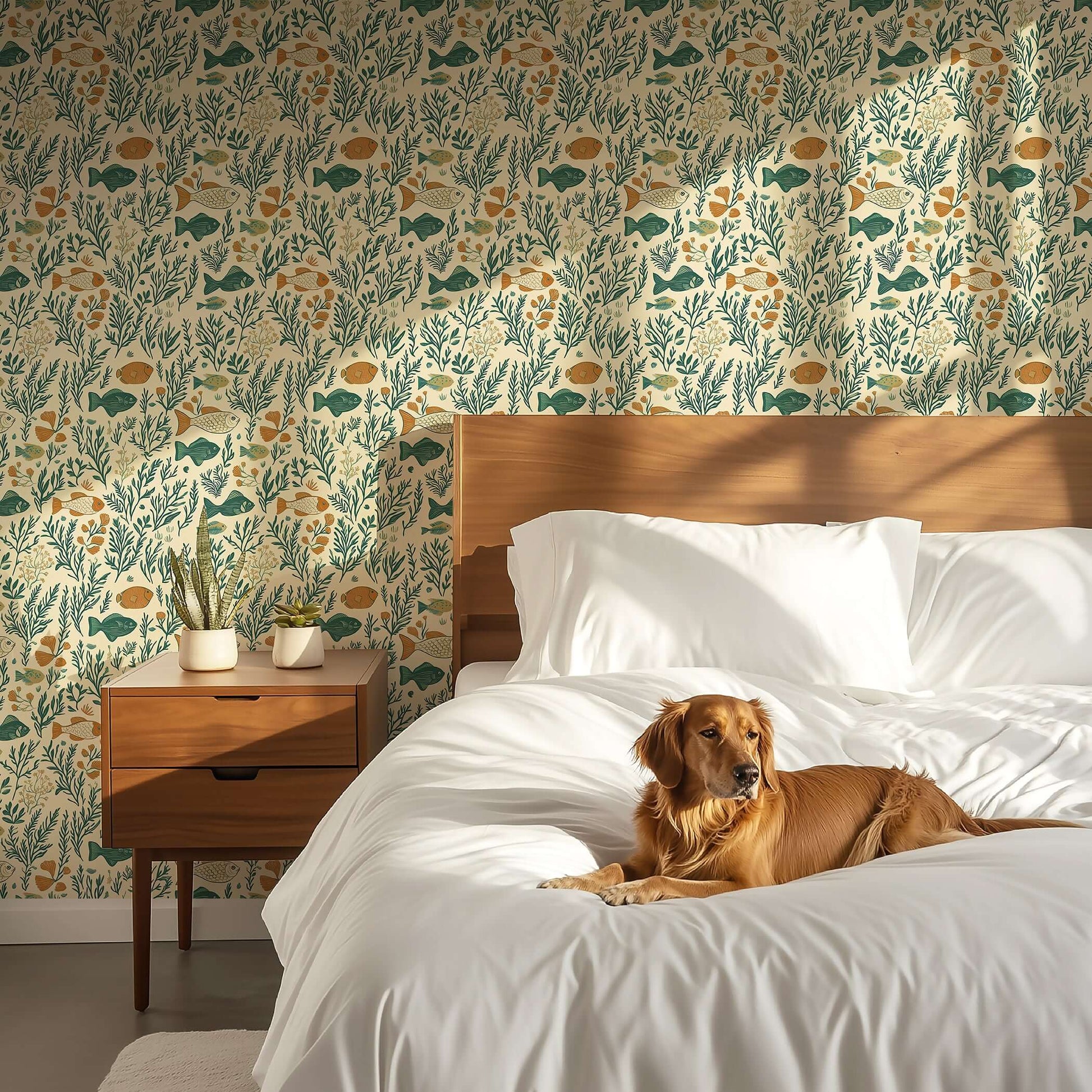 Mid-century modern bedroom with Sea Garden Bliss wallpaper featuring fish, coral, and seaweed, accented by a dog on the bed.
