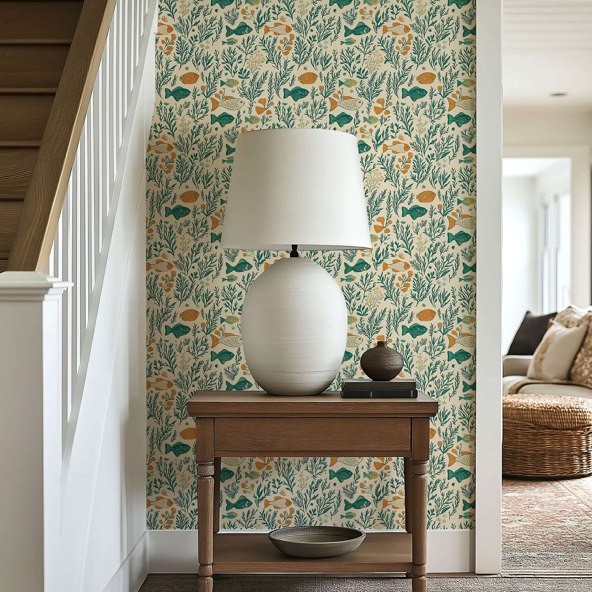 Coastal wallpaper featuring teal fish and coral seaweed, adding mid-century modern charm to a serene hallway setting.