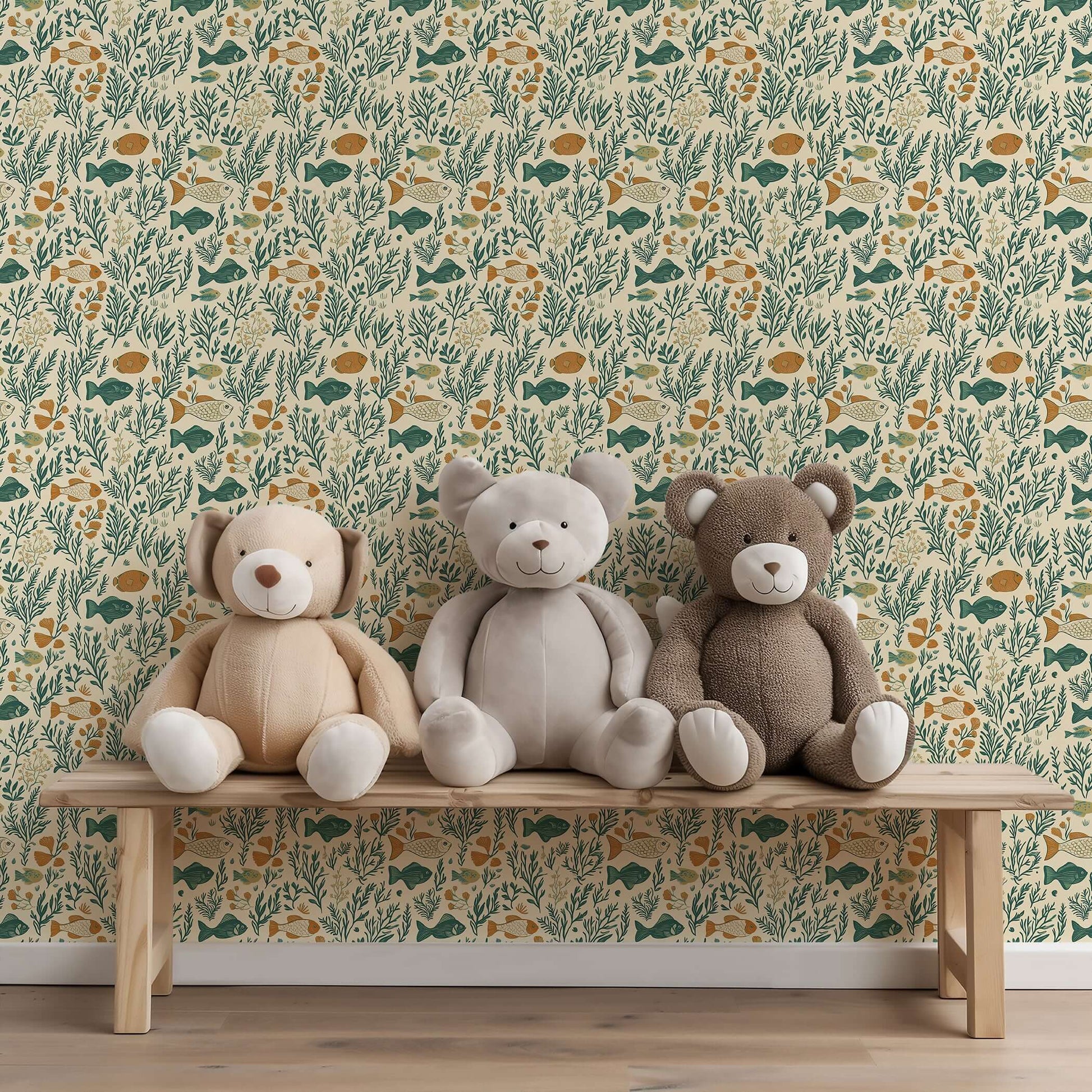 Coastal wallpaper featuring fish and coral with seaweed, perfect for a mid-century modern aesthetic in kids' rooms.