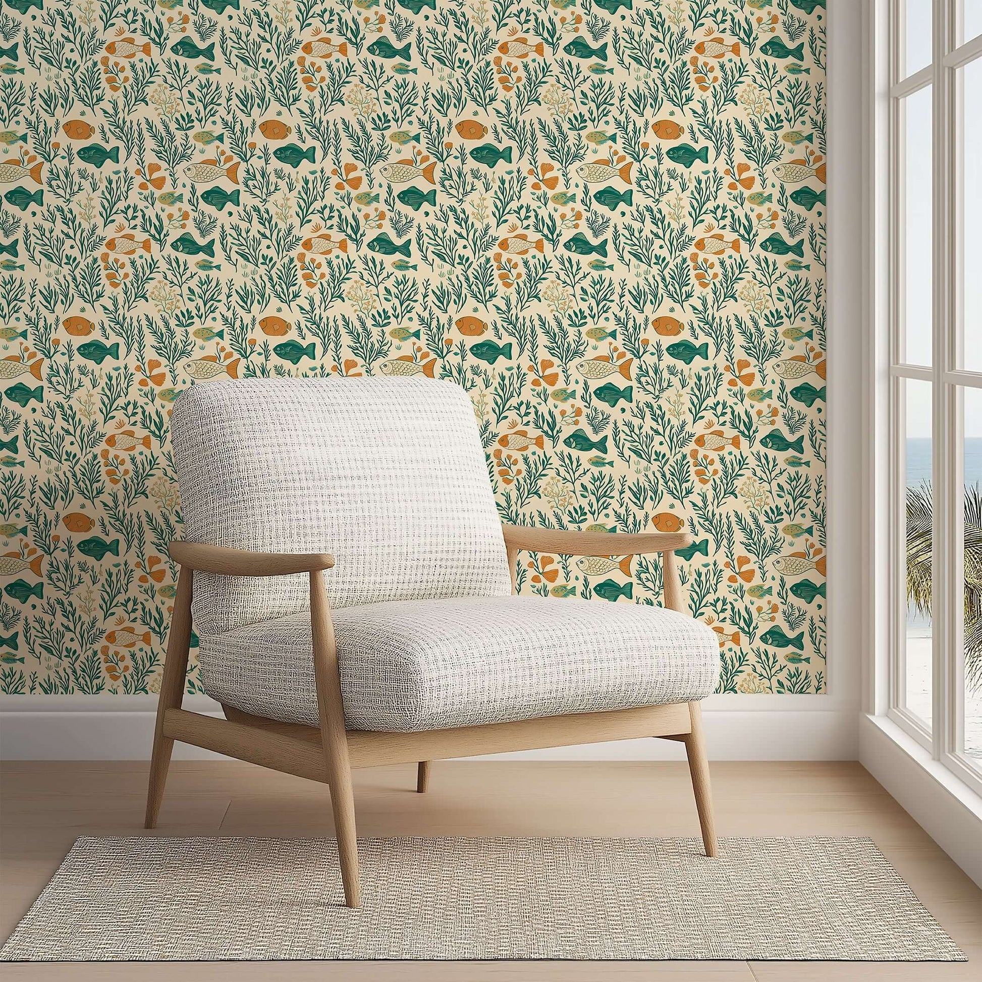 Mid-century modern chair against coastal wallpaper with fish, coral, and seaweed in teal and green hues.