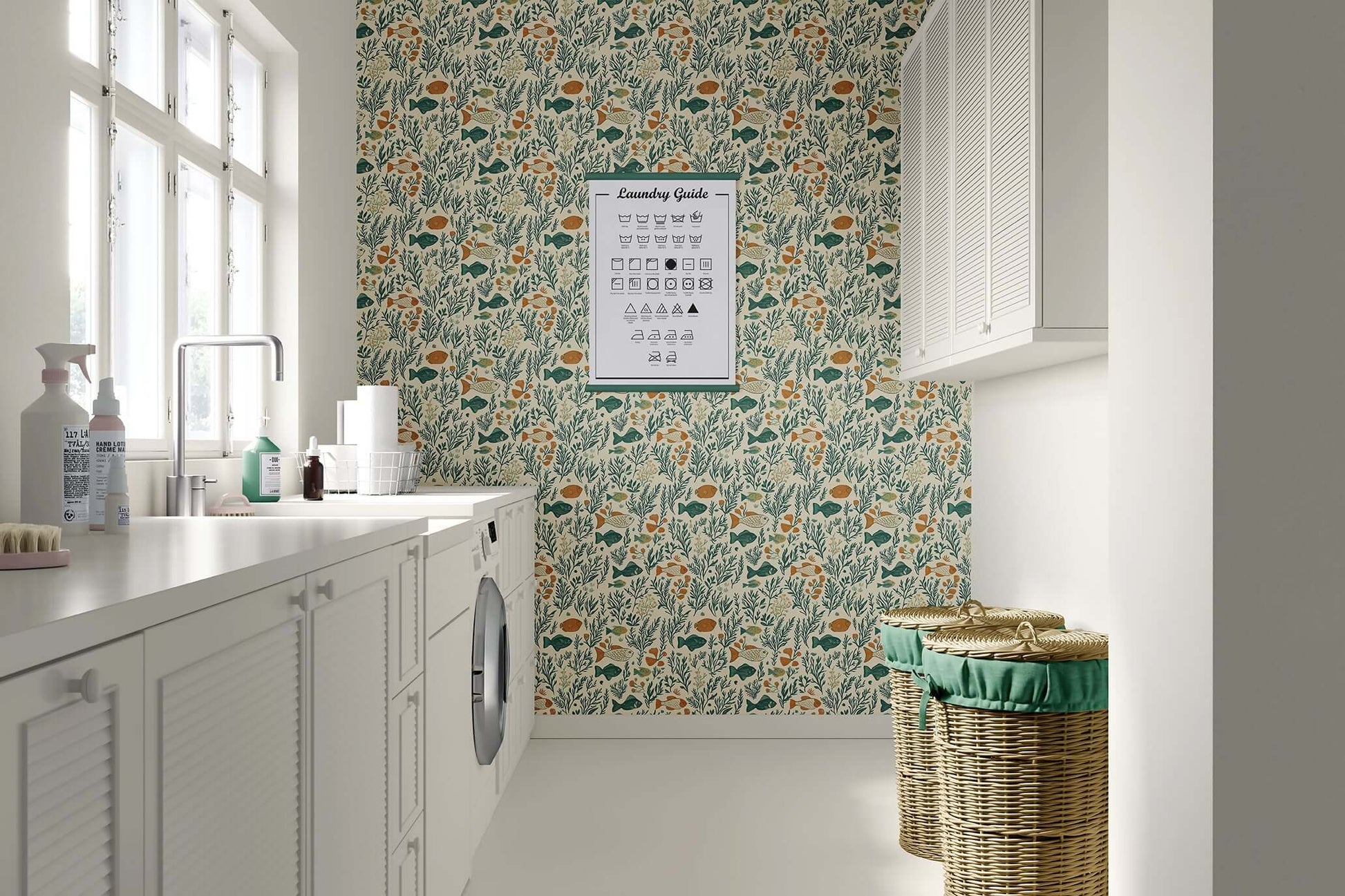 Laundry room with Sea Garden Bliss wallpaper featuring fish, coral, and seaweed in a mid-century modern coastal design.