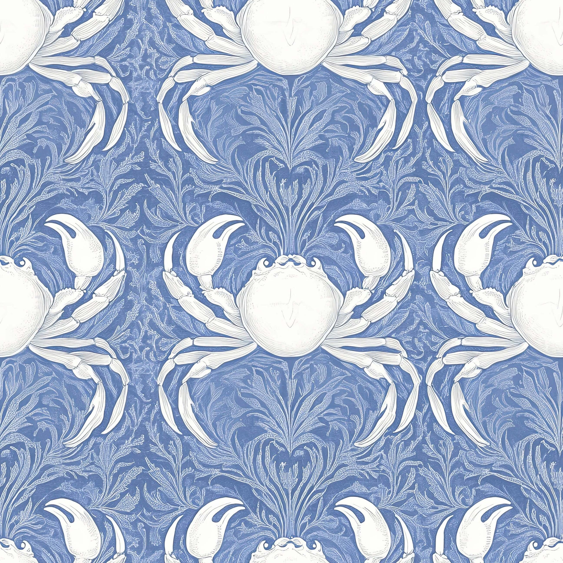 Coastal Aristocrat wallpaper with white crabs and damask design on blue background, ideal for maritime-themed interiors.