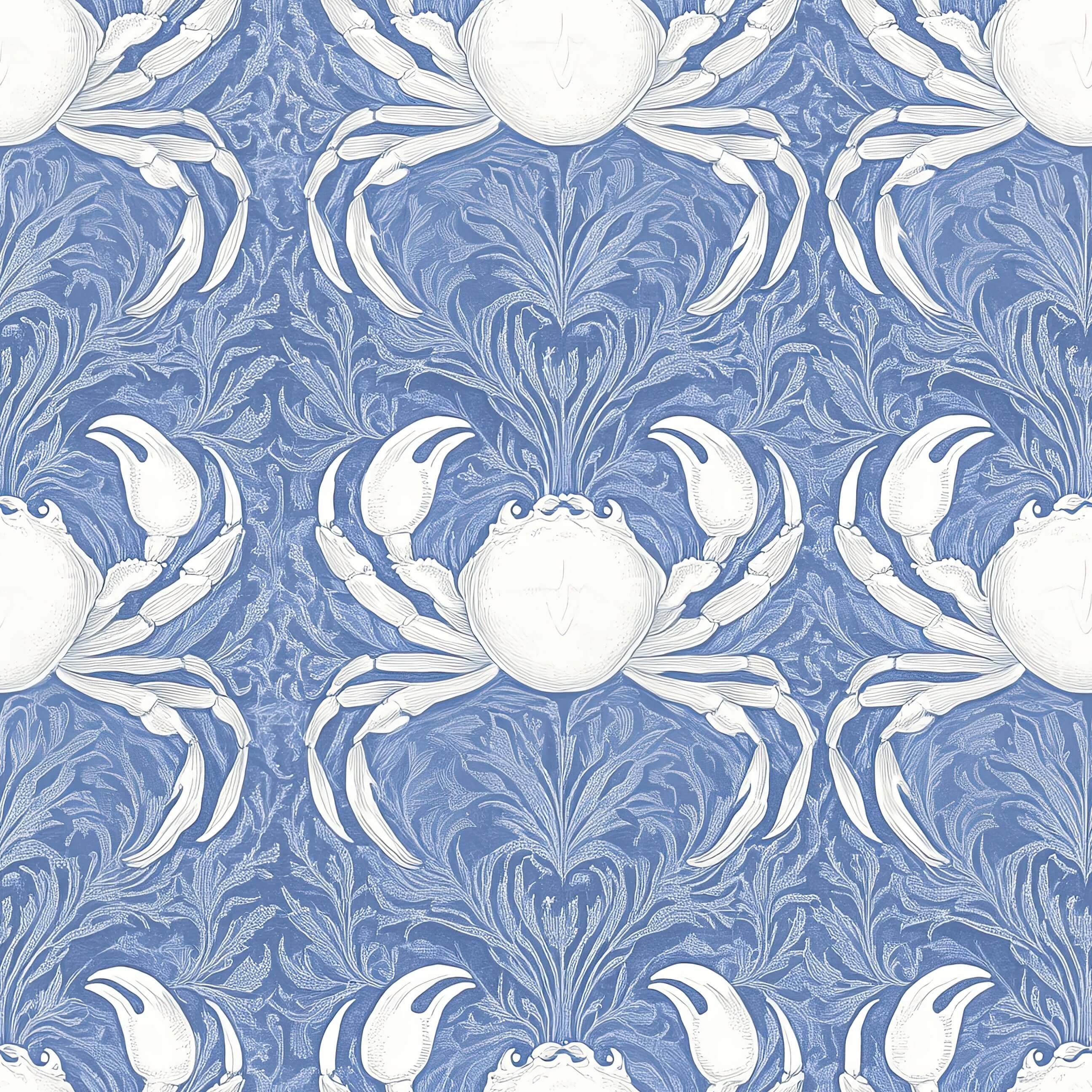 Coastal Aristocrat wallpaper with white crabs and damask design on blue background, ideal for maritime-themed interiors.