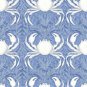 Coastal Aristocrat wallpaper with white crabs and damask design on blue background, ideal for maritime-themed interiors.