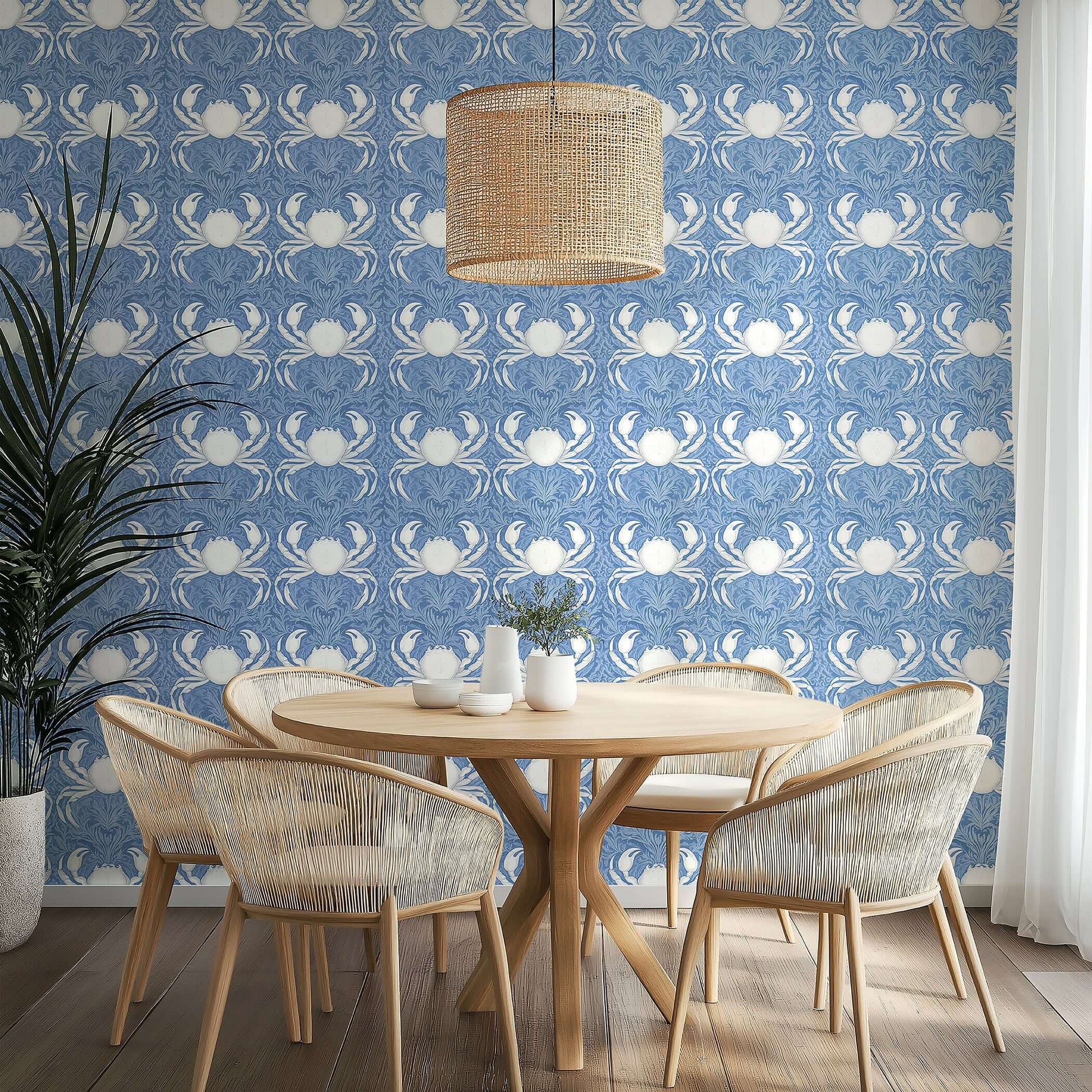 "Coastal Aristocrat" wallpaper with white crabs and sea foliage, soft blue backdrop; ideal nautical damask design for beach-inspired spaces.