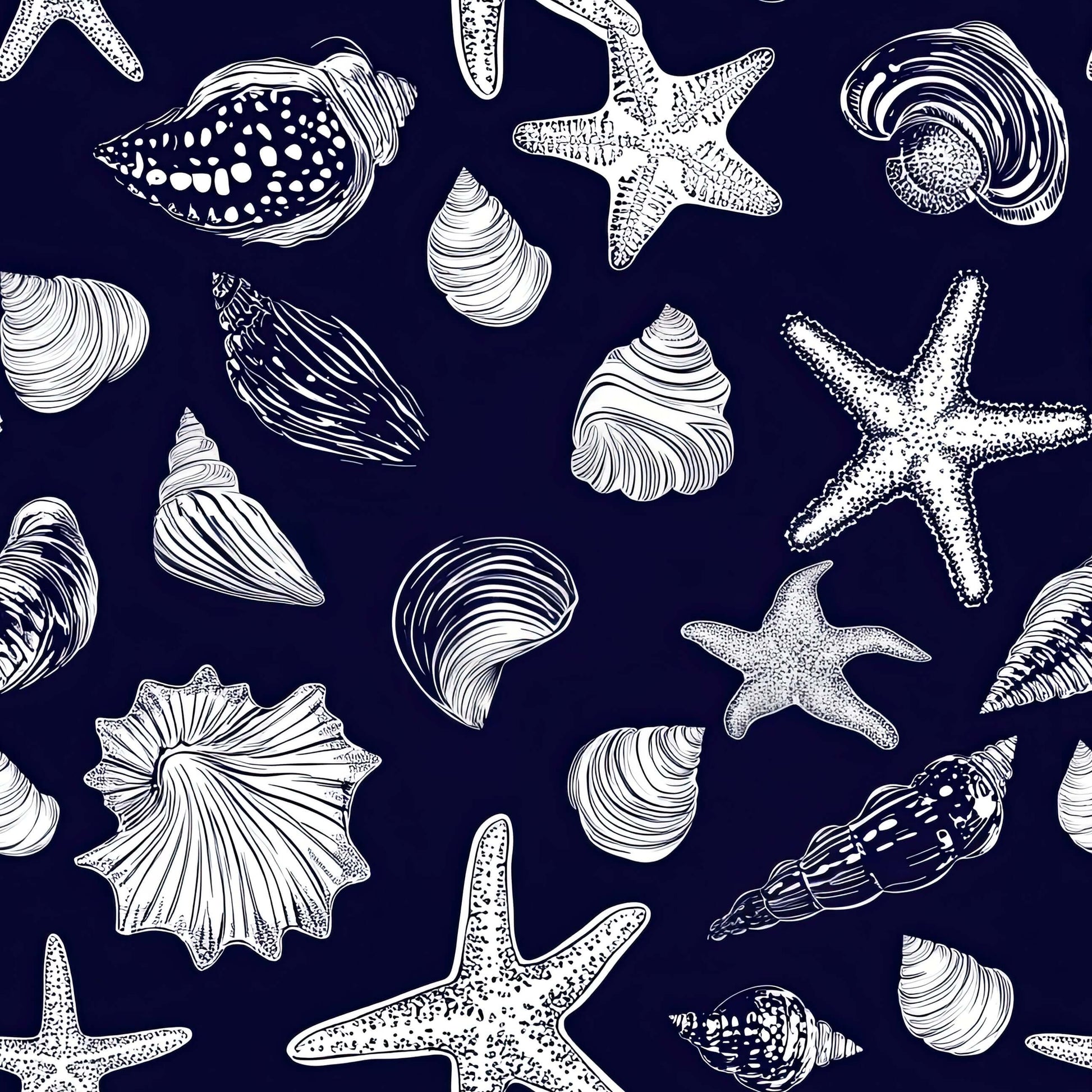 Navy Shore Treasures wallpaper with white seashells and starfish on a deep navy background, ideal for coastal-themed decor.