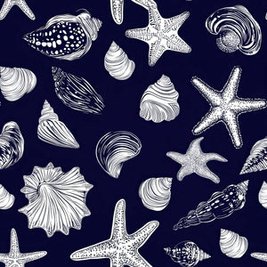 Navy Shore Treasures wallpaper with white seashells and starfish on a deep navy background, ideal for coastal-themed decor.