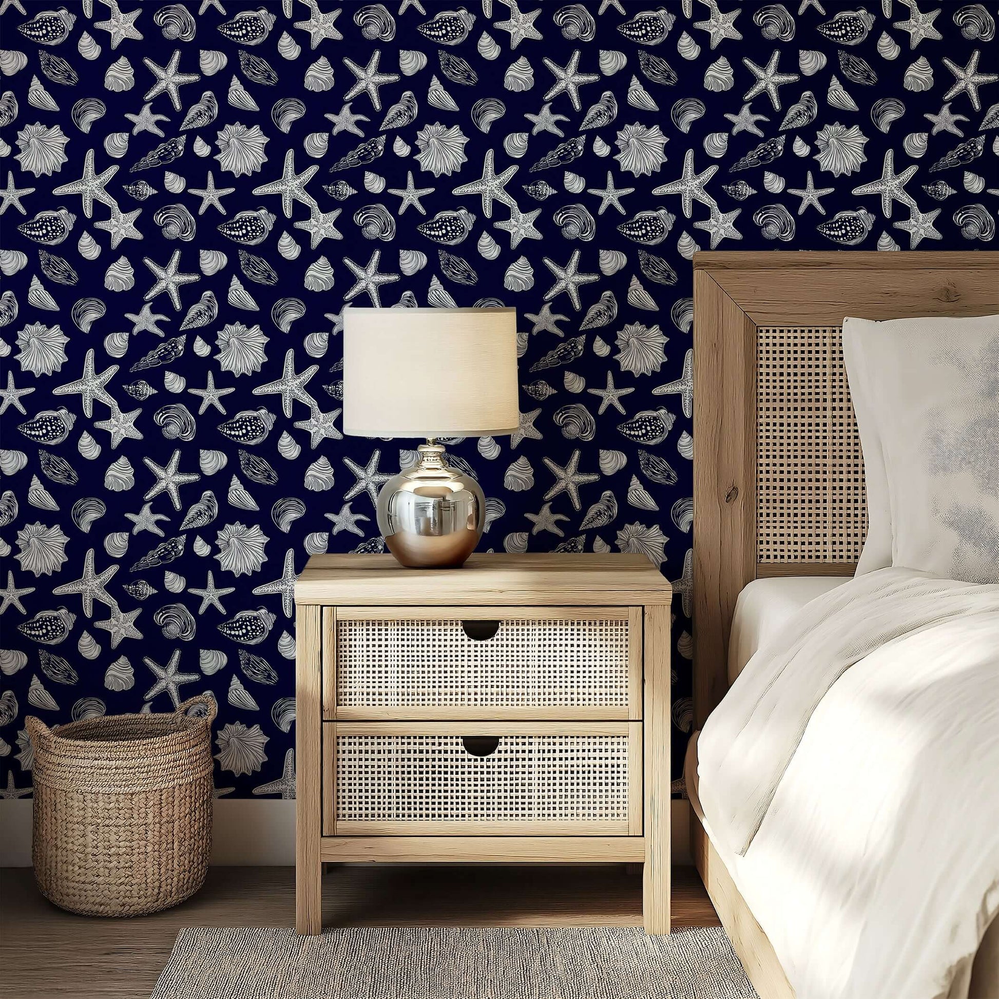 Coastal wallpaper with white starfish and seashells on a navy background, perfect for beach-themed decor and accent walls.