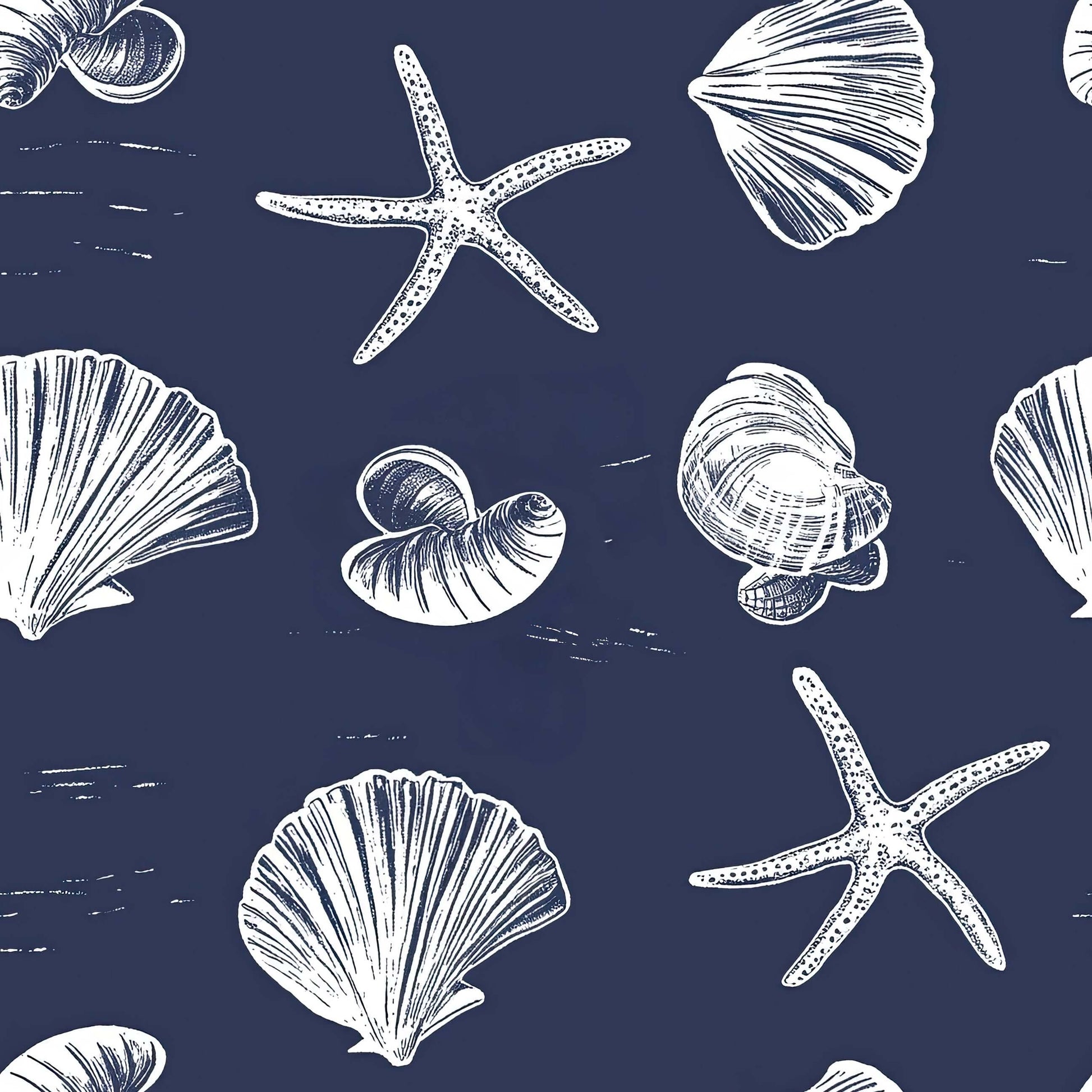 Navy coastal wallpaper with white inked starfish and seashell illustrations, perfect for beach-themed or nautical spaces.