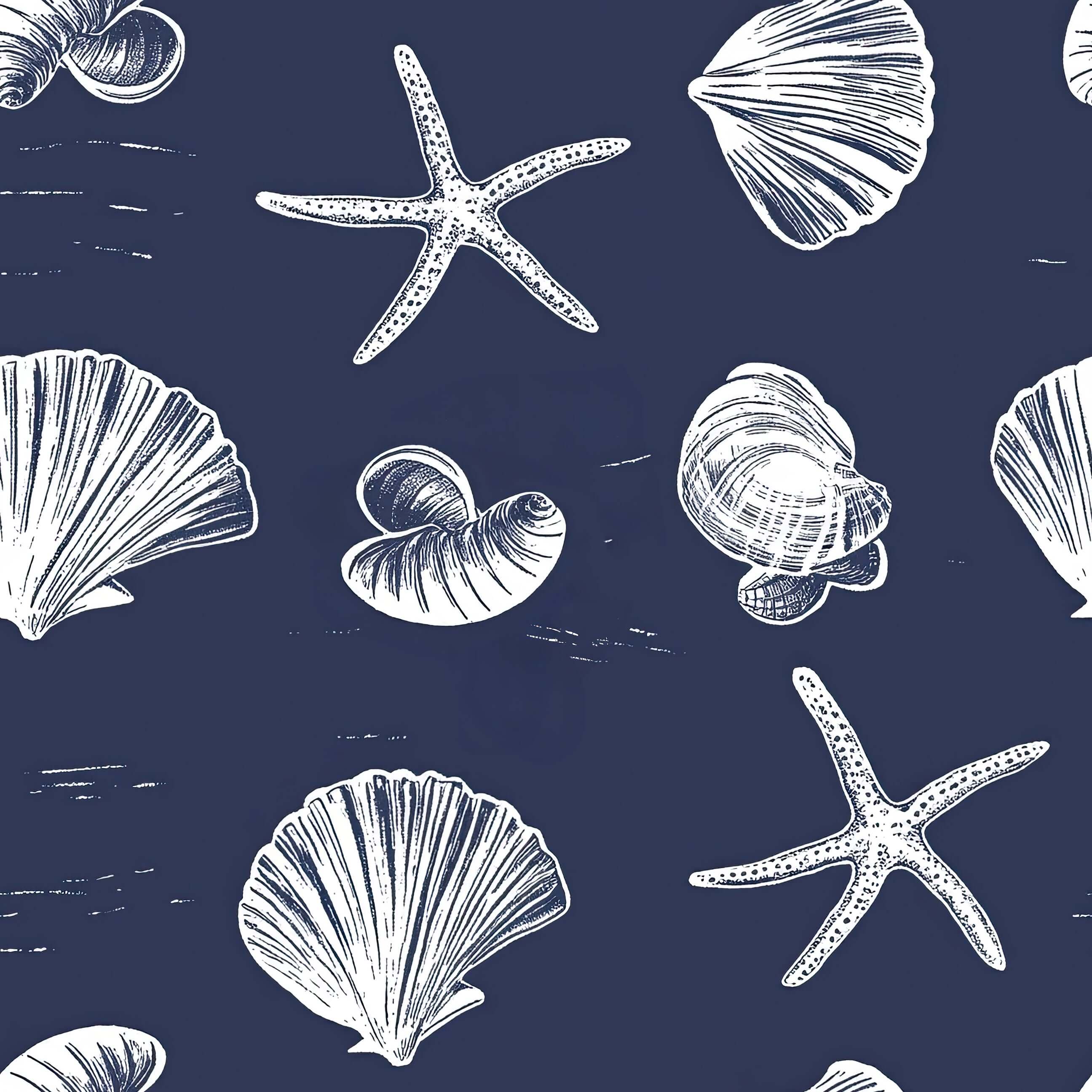 Navy coastal wallpaper with white inked starfish and seashell illustrations, perfect for beach-themed or nautical spaces.