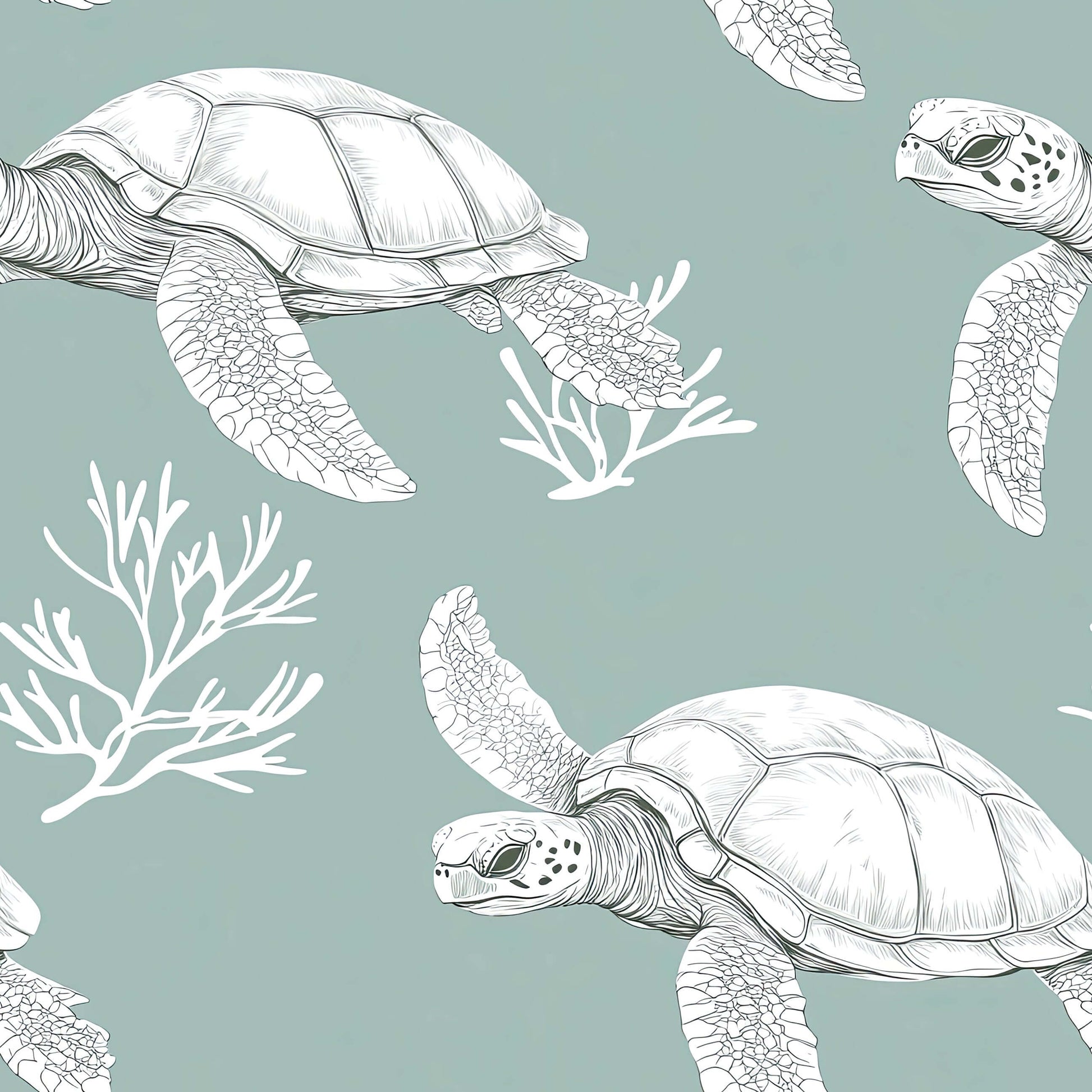 Turtle Drift Wallpaper featuring white sea turtles and coral on a soft sage green backdrop, ideal for coastal decor spaces.
