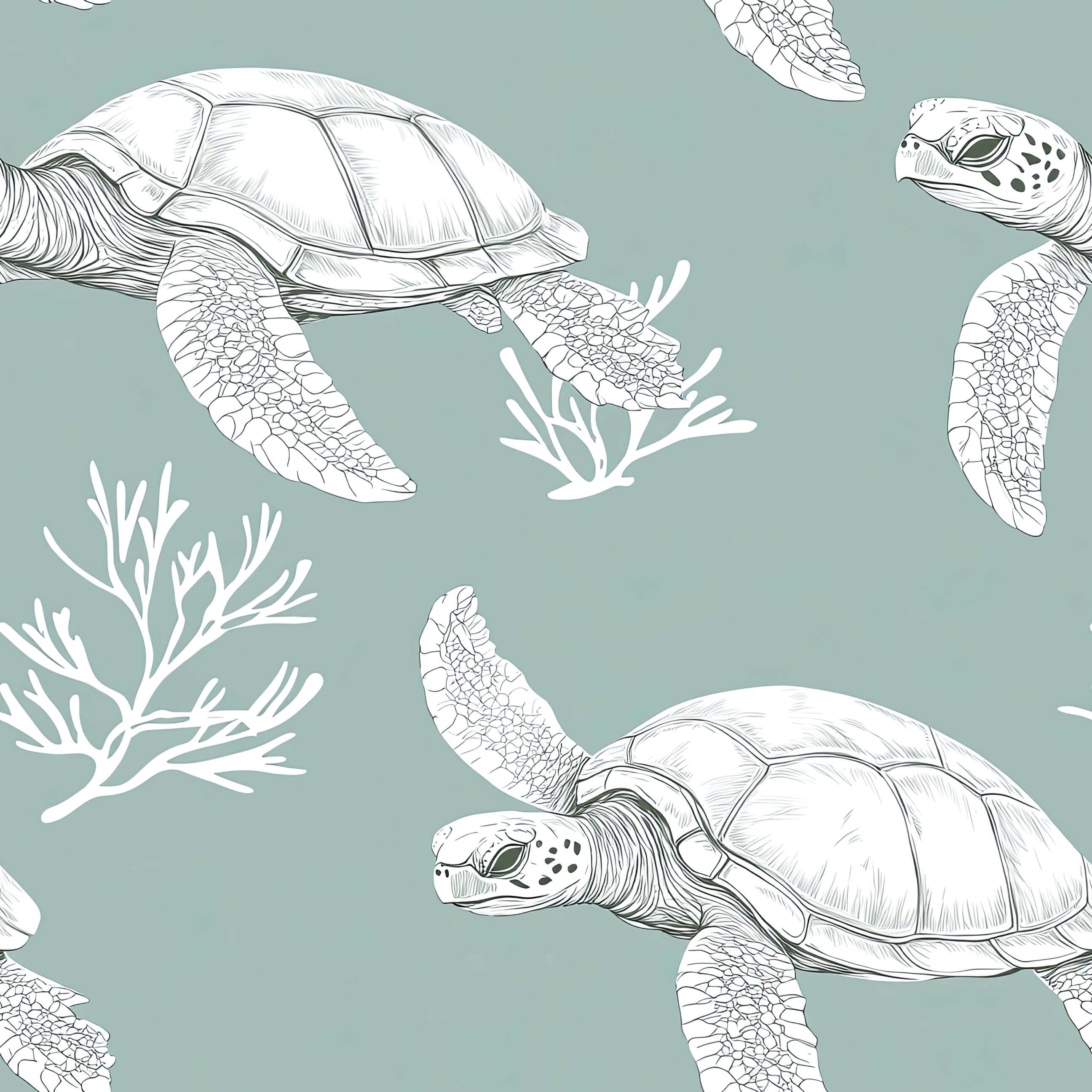 Turtle Drift Wallpaper featuring white sea turtles and coral on a soft sage green backdrop, ideal for coastal decor spaces.