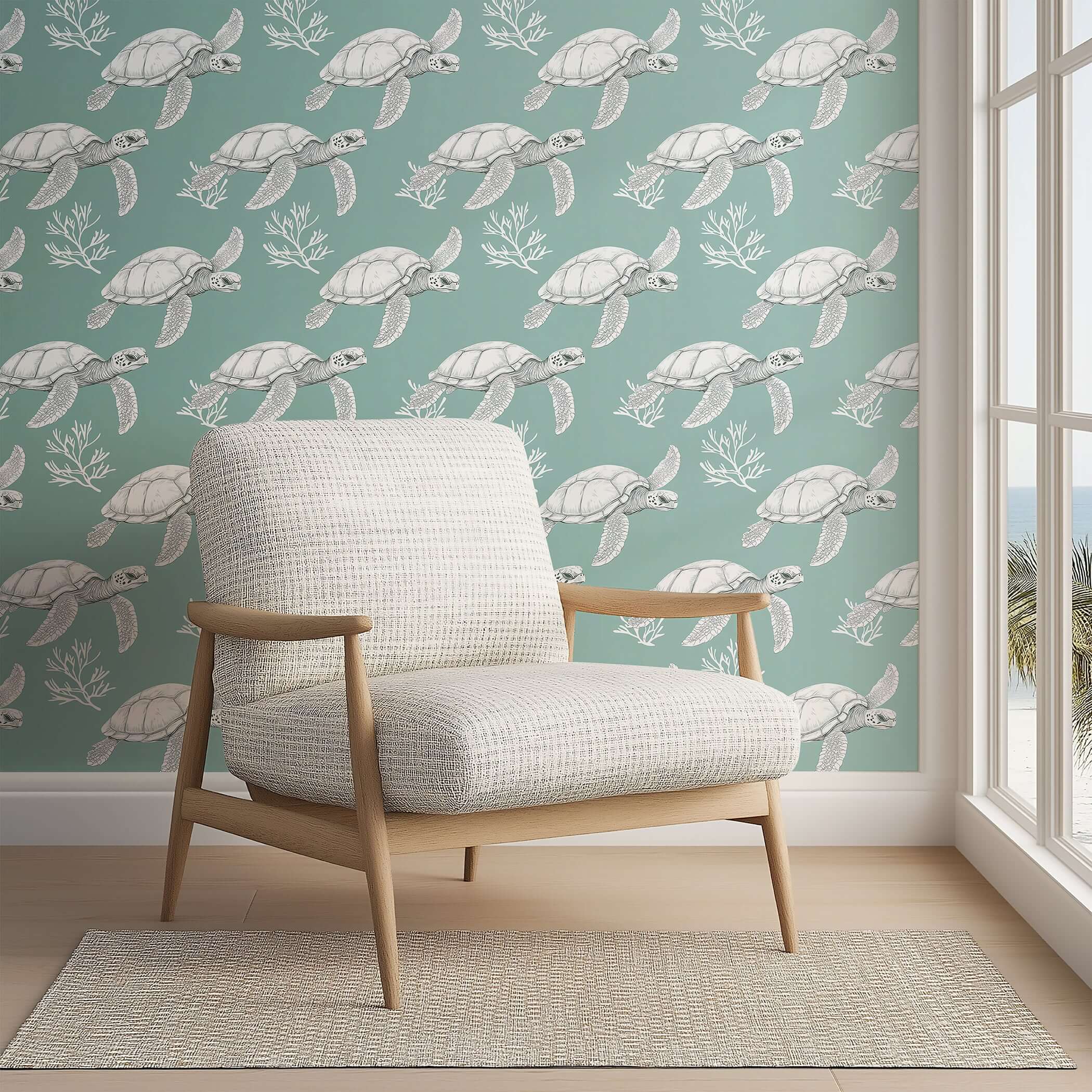 Turtle Drift wallpaper with white turtles on sage background, featuring coral details. Ideal for coastal decor. Perfect for ocean lovers.