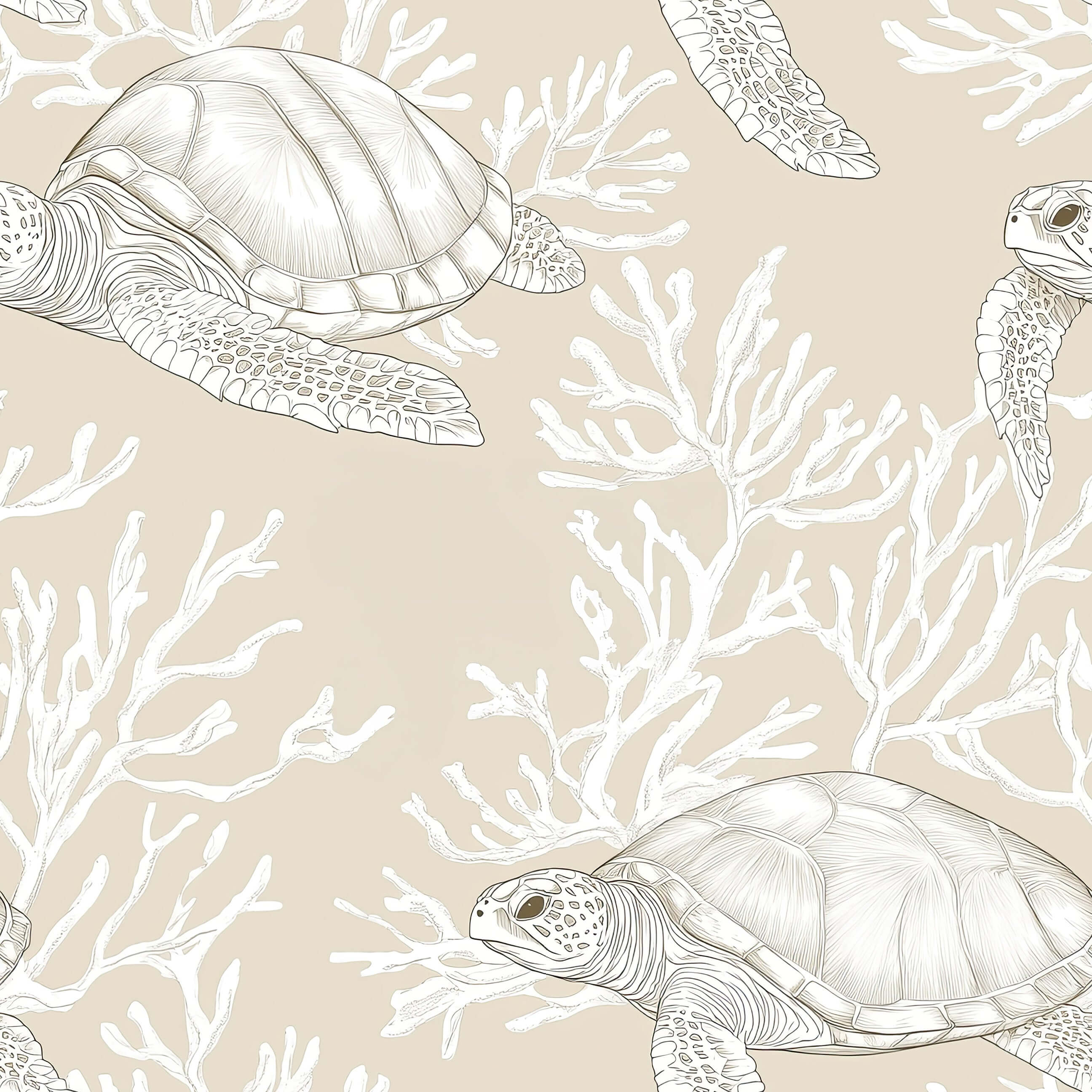 Hand-drawn sea turtles with coral on sand-colored "Turtle Tide" coastal wallpaper. Keywords: turtles, ocean, coral, coastal.