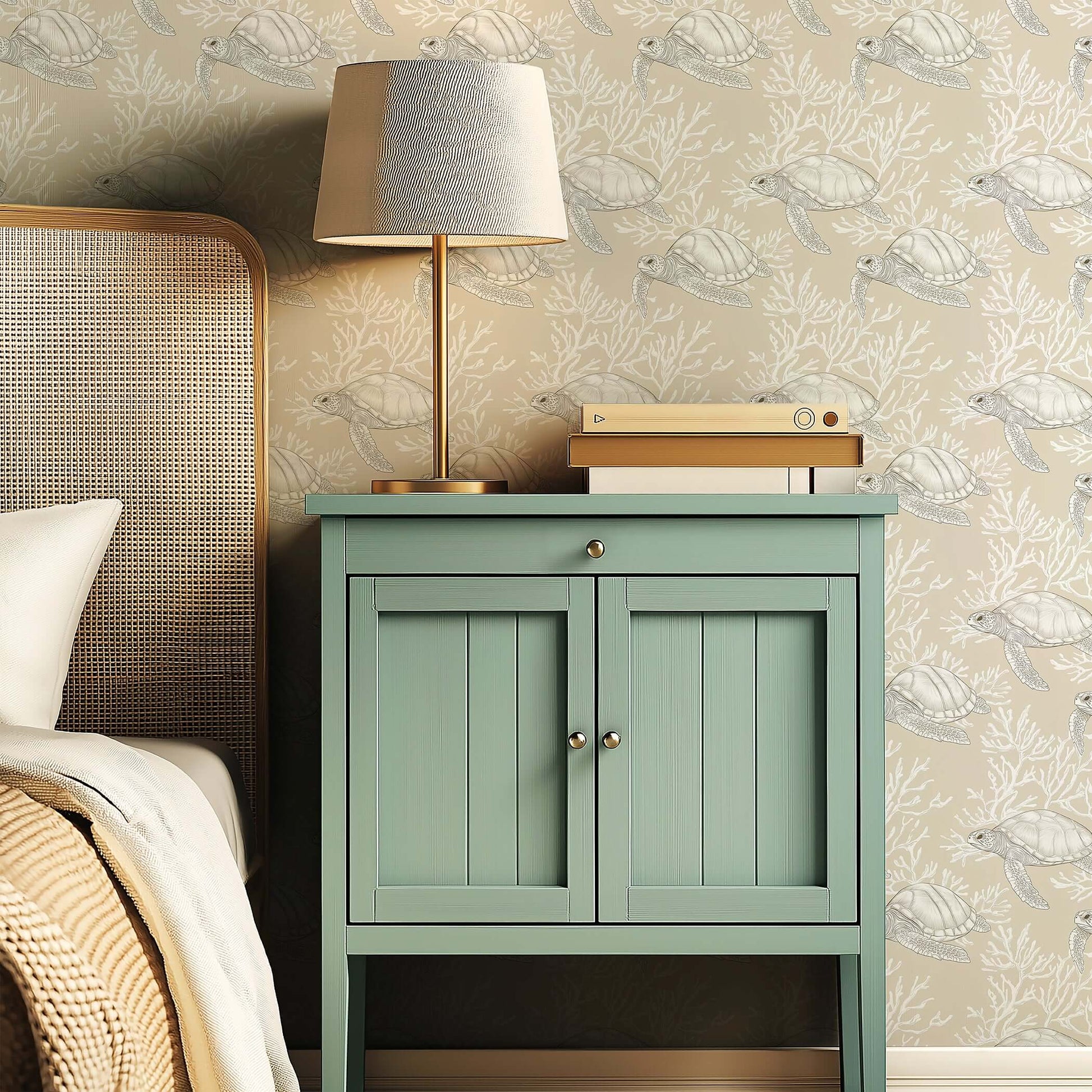 Coastal wallpaper with sea turtles and coral on a sand backdrop behind a green cabinet and lamp in a bedroom setting.