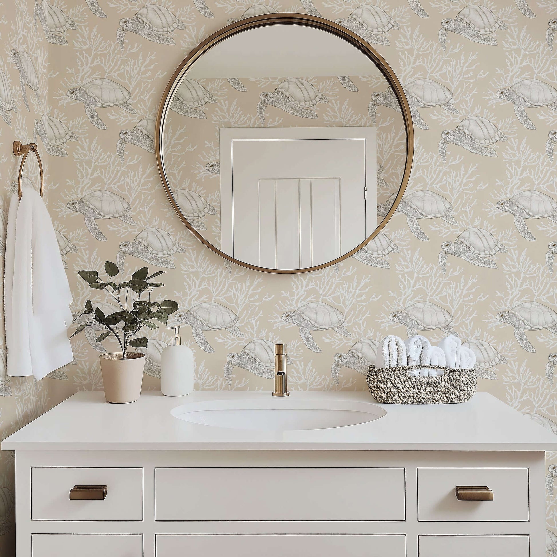 "Turtle Tide" coastal wallpaper featuring sea turtles and coral in a neutral-toned bathroom setting for serene ocean-inspired decor.