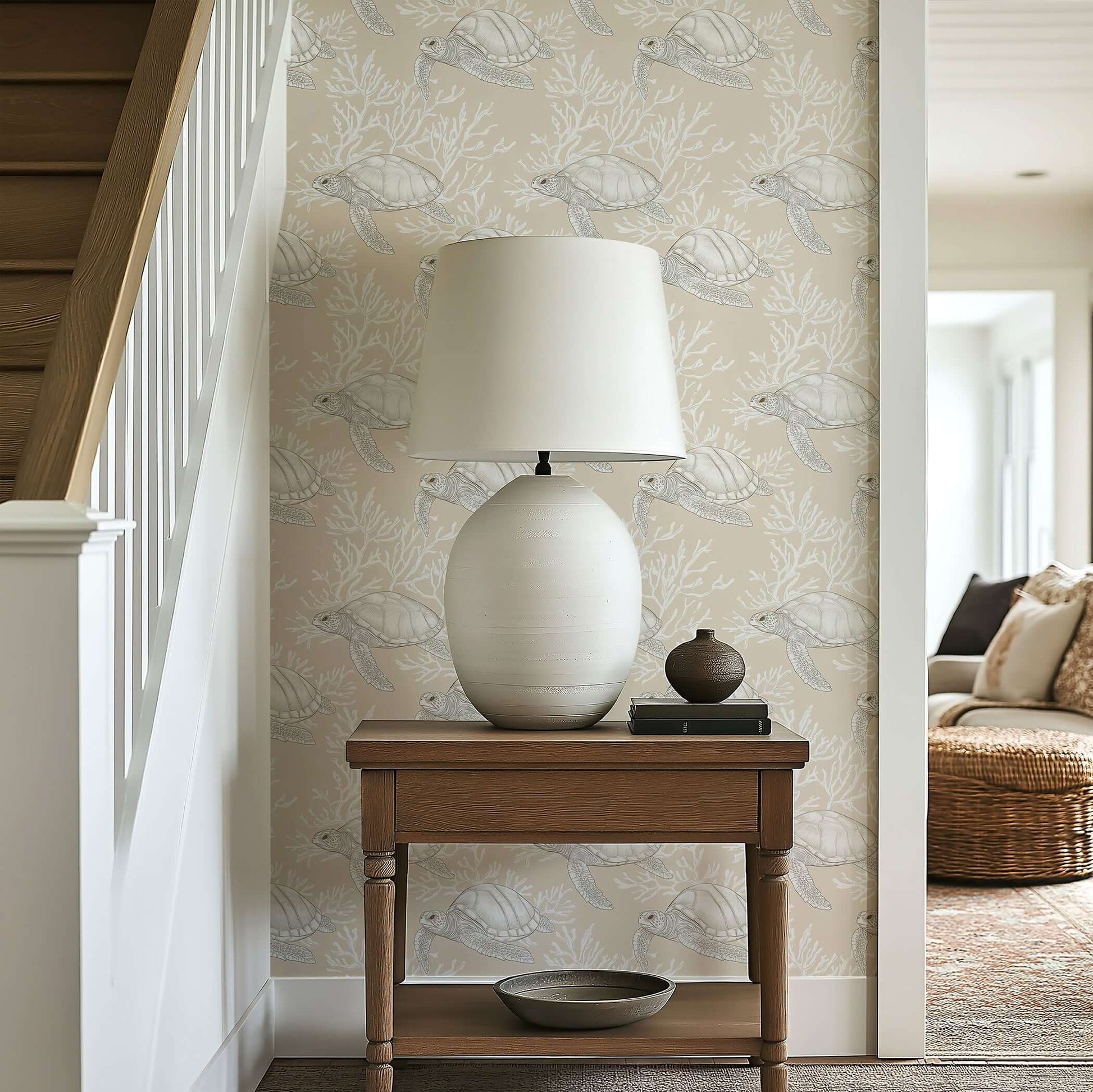 Turtle Tide coastal wallpaper with sea turtles and coral, adding ocean tranquility to a beach house interior.
