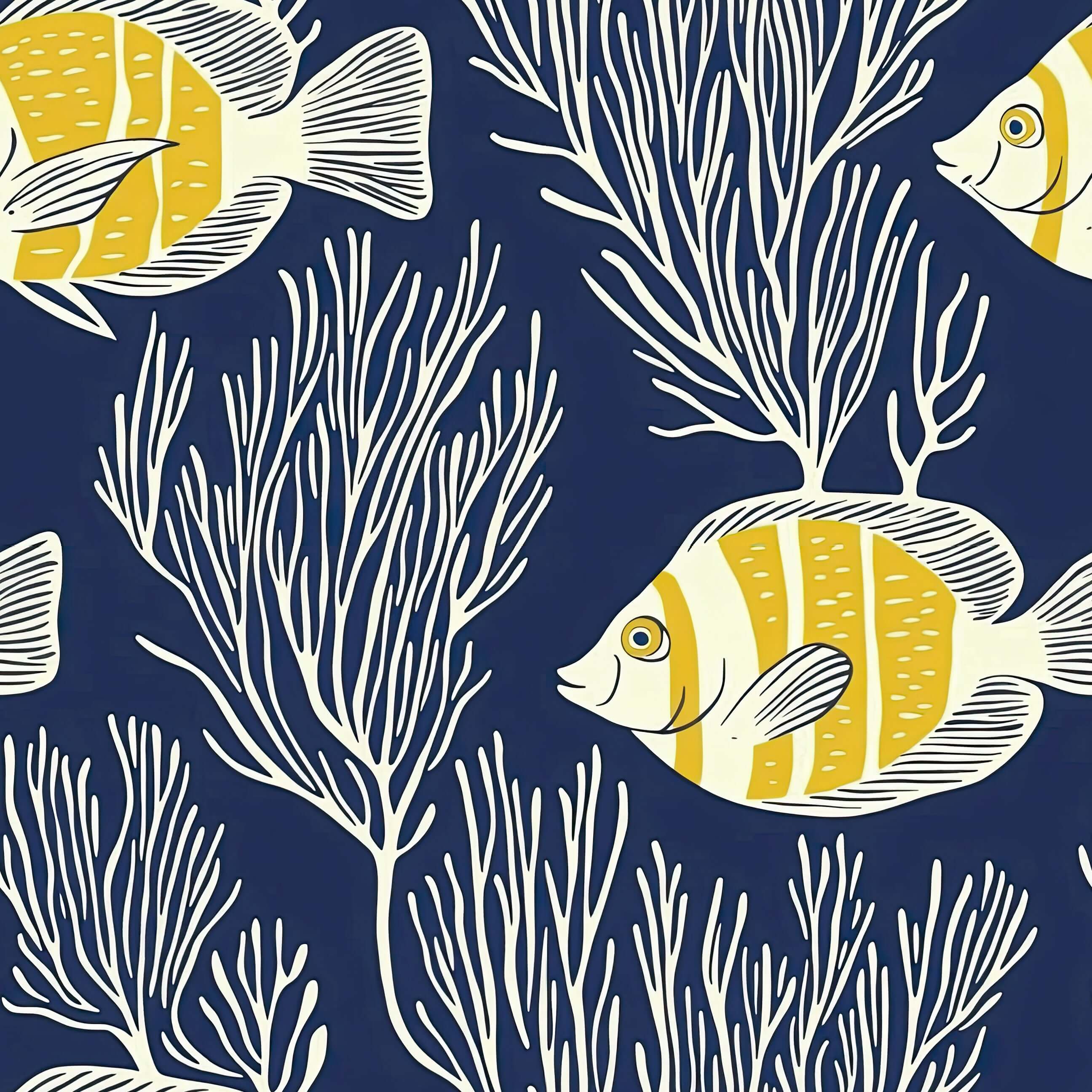 Bold coastal wallpaper with golden-yellow fish and white coral on navy, blending ocean and seaweed aesthetics for vibrant decor.