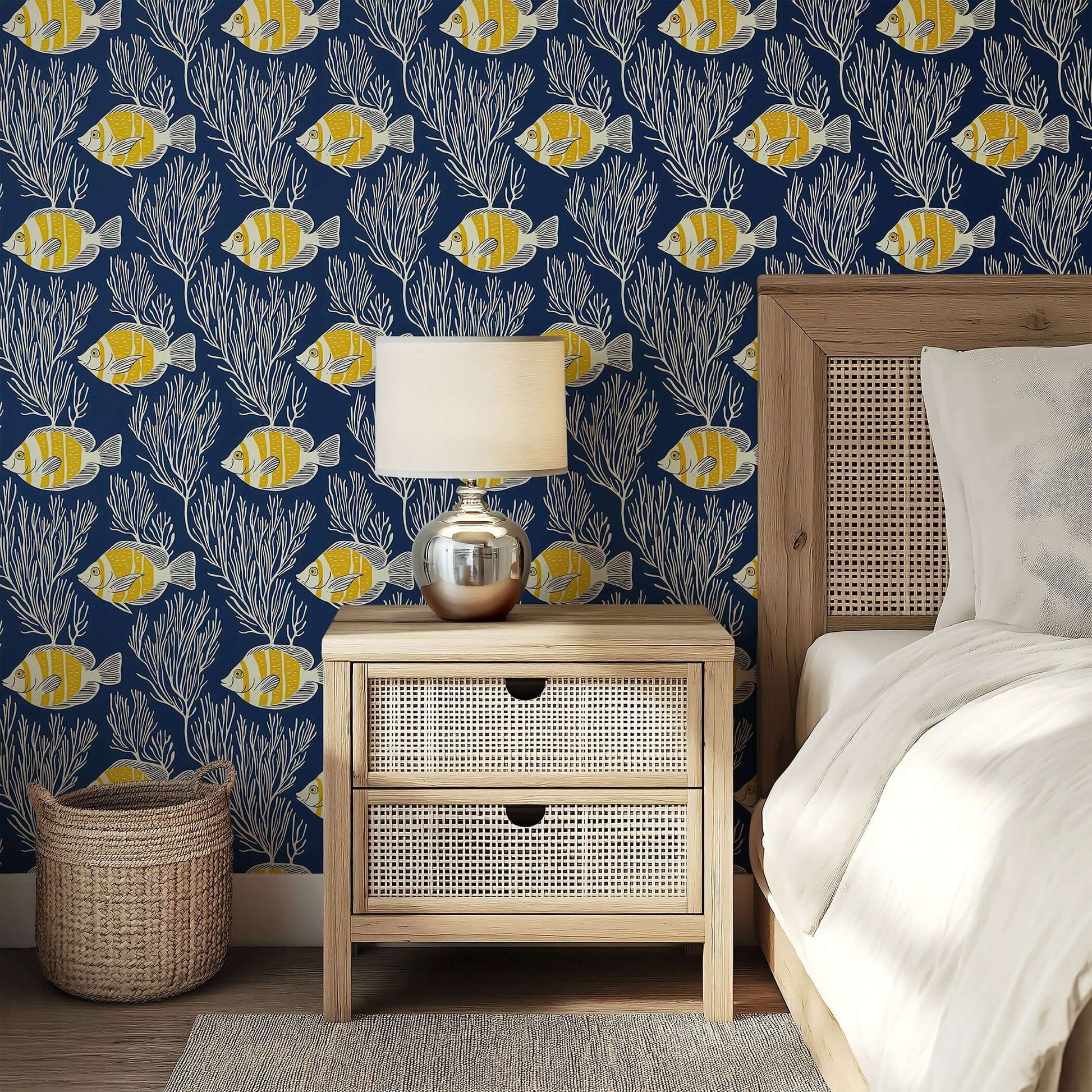 Deep Blue Tropics wallpaper featuring golden-yellow fish and white coral on navy background, adding ocean elegance to coastal decor.