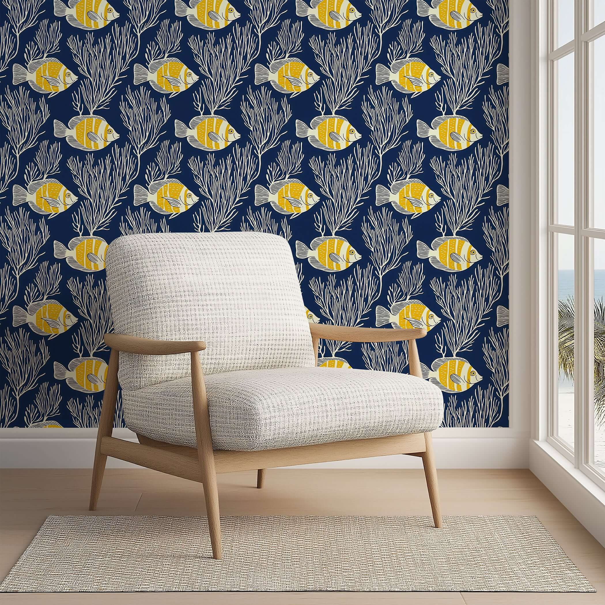 Deep Blue Tropics wallpaper featuring yellow tropical fish and white coral on a navy background, ideal for coastal-themed decor.