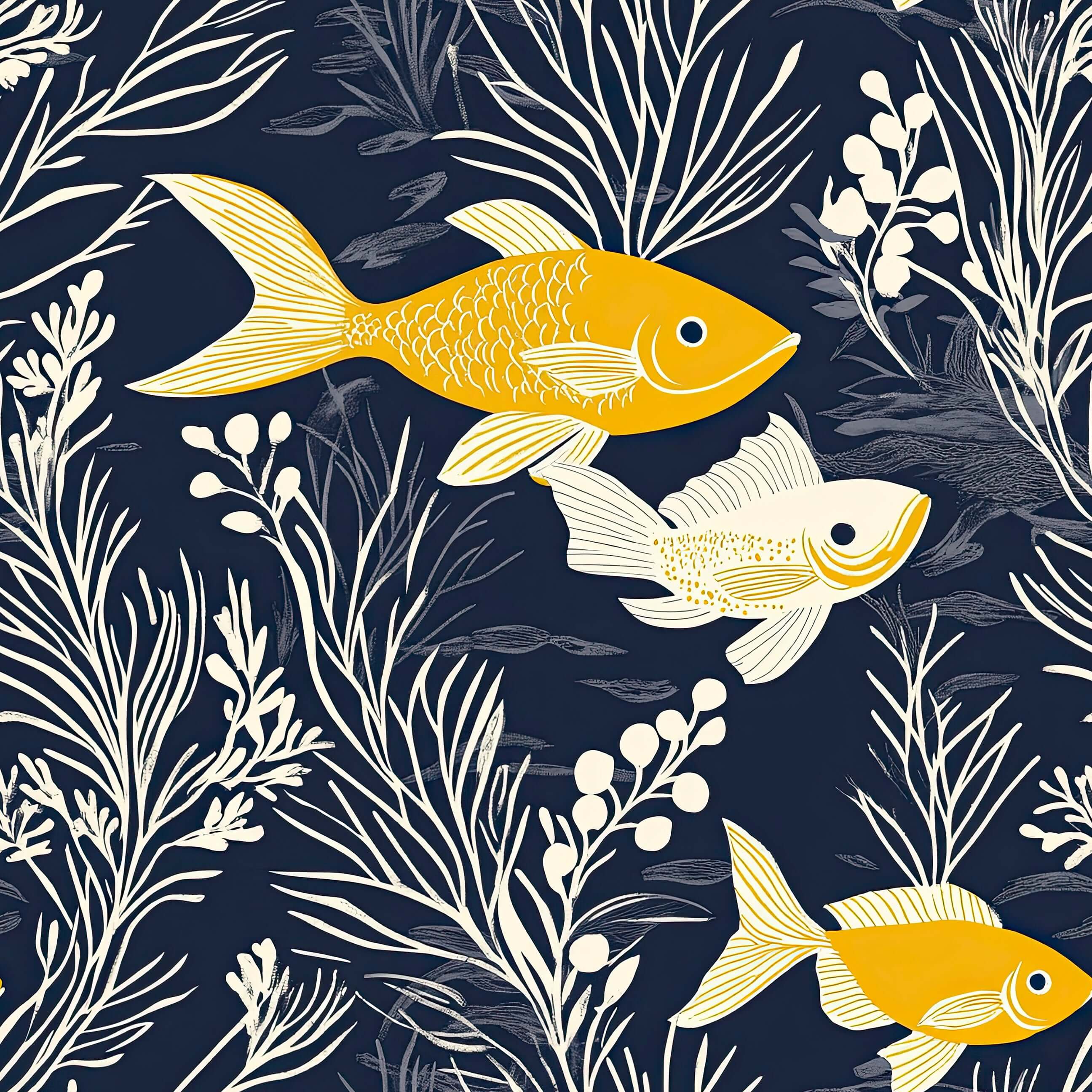 Golden fish swim through white seaweed on deep navy, creating an elegant ocean theme for coastal wallpaper.