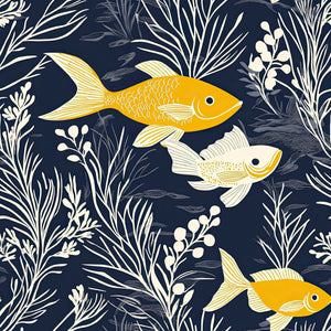 Golden fish swim through white seaweed on deep navy, creating an elegant ocean theme for coastal wallpaper.