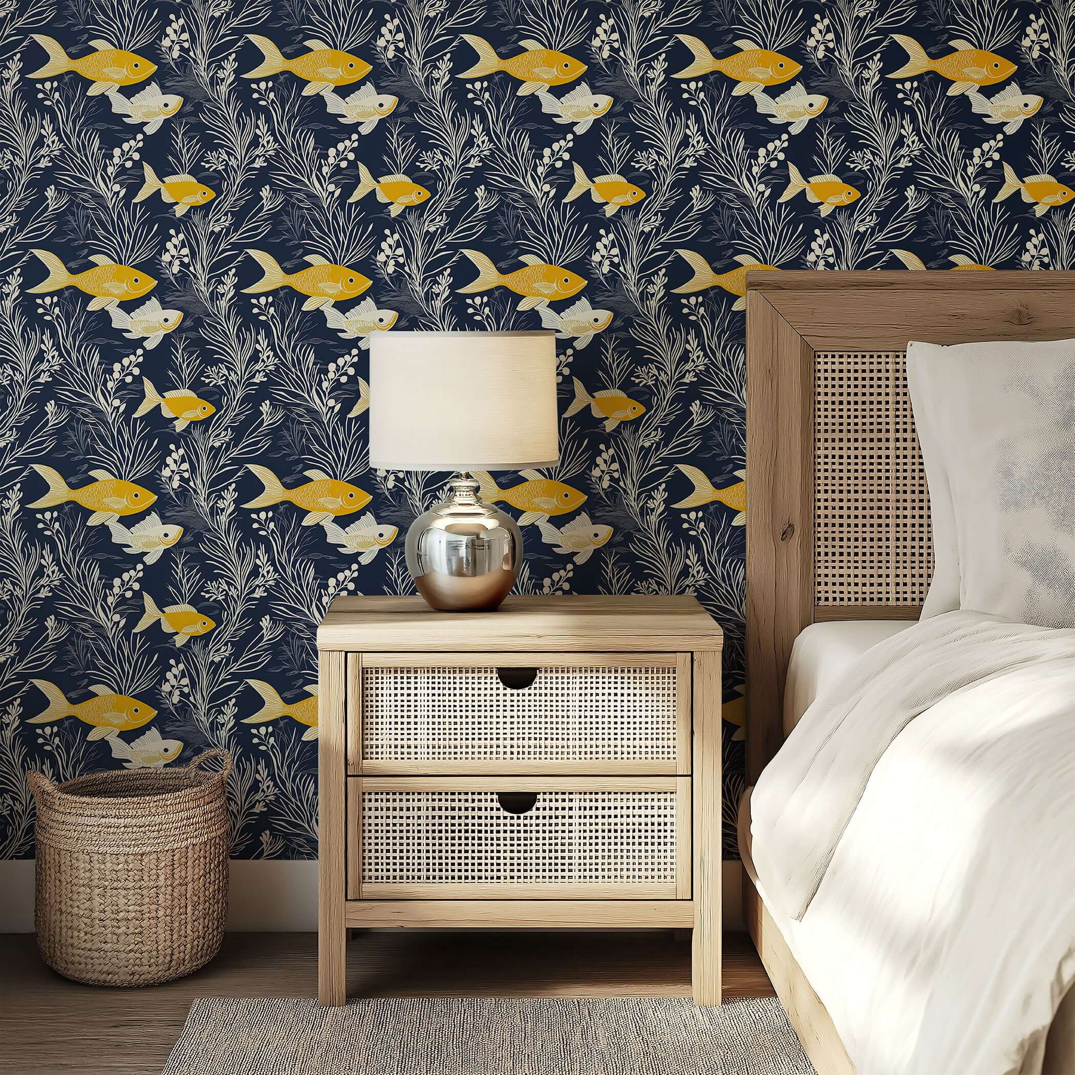Golden yellow fish and seaweed on navy wallpaper, ideal for coastal themes. Features ocean-inspired design for beach home walls.