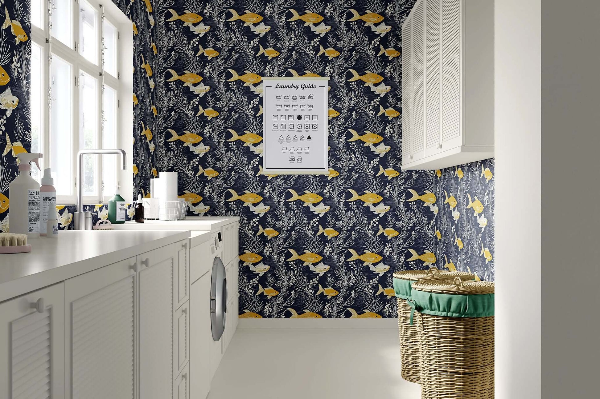 Coastal wallpaper featuring yellow fish and white seaweed on a navy blue background, perfect for ocean-themed decor.