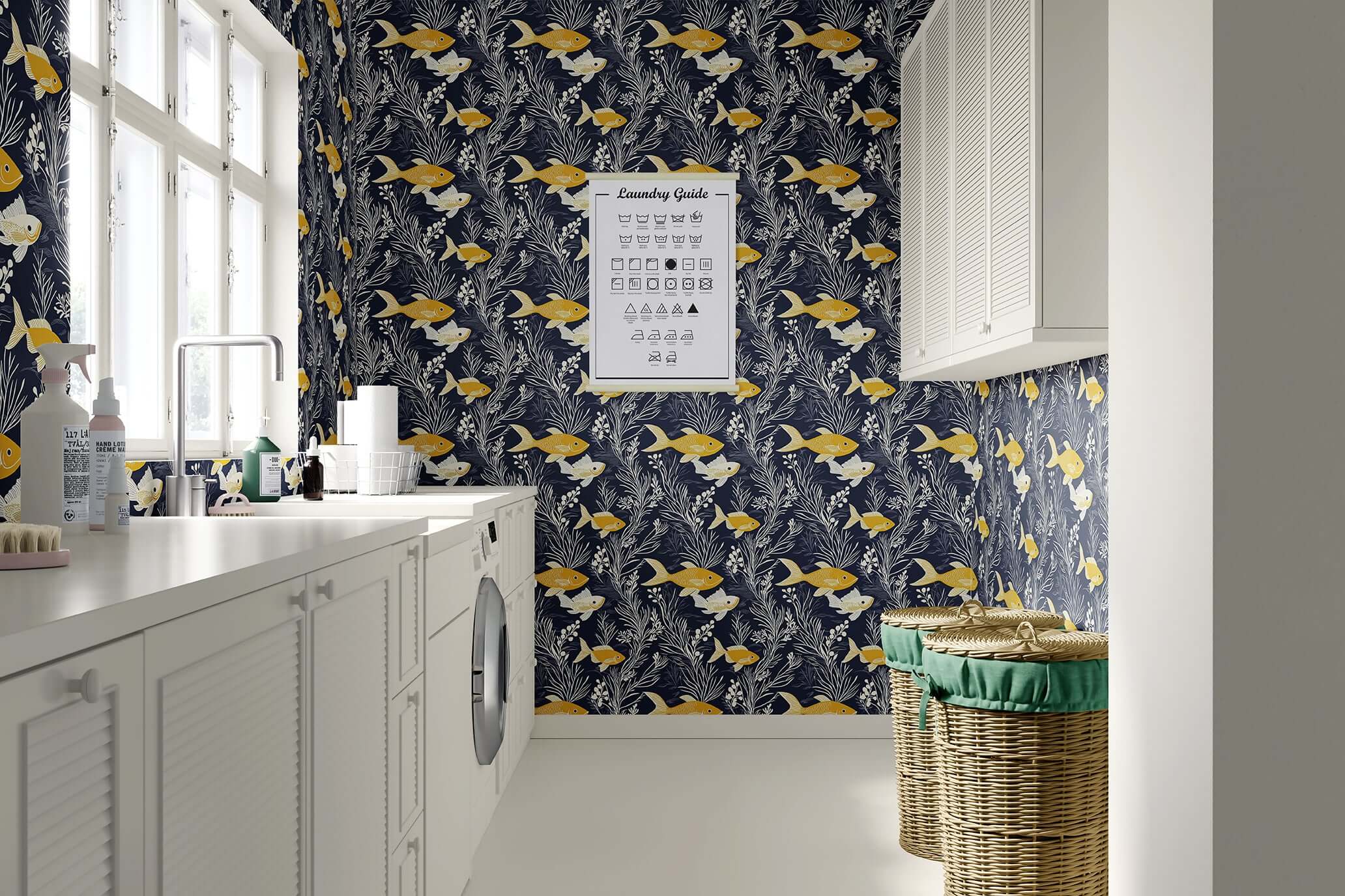 Coastal wallpaper featuring yellow fish and white seaweed on a navy blue background, perfect for ocean-themed decor.