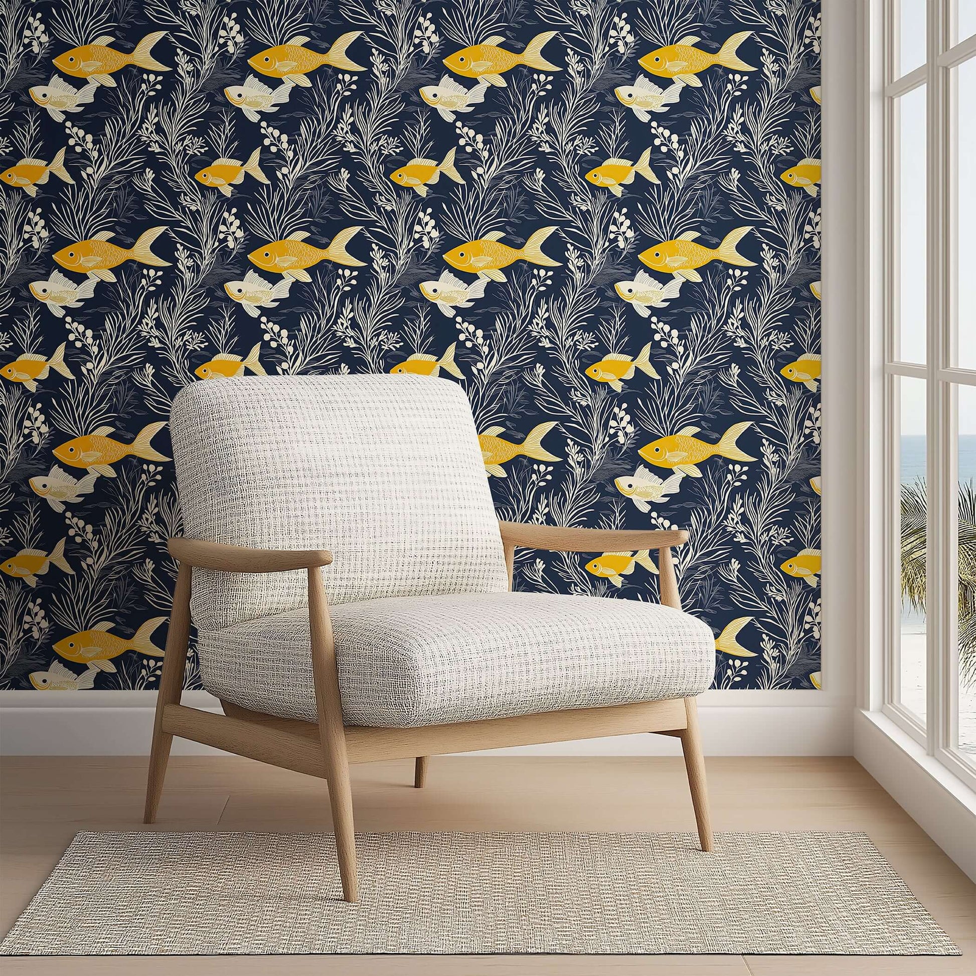 Elegant coastal wallpaper featuring golden fish and seaweed on navy backdrop, ideal for ocean-themed interiors.