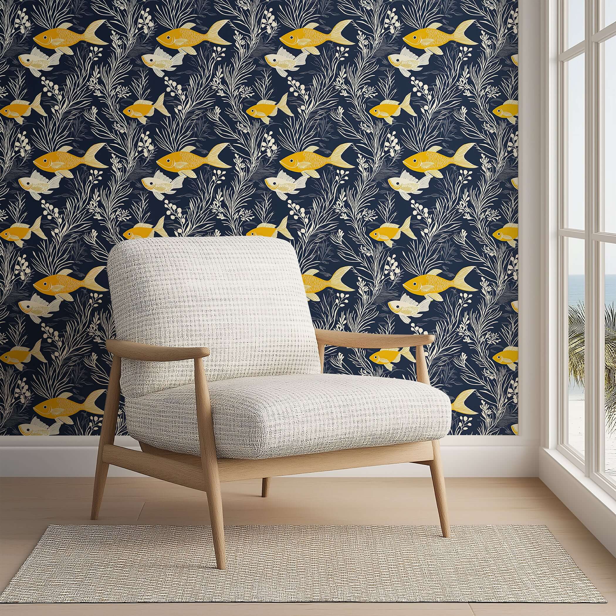 Elegant coastal wallpaper featuring golden fish and seaweed on navy backdrop, ideal for ocean-themed interiors.