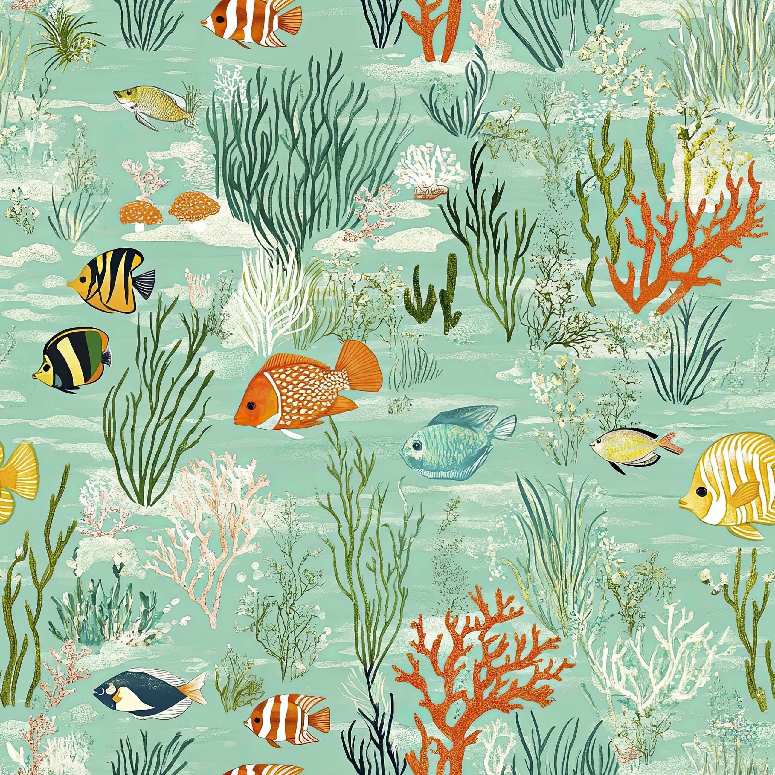 Underwater coastal wallpaper with vibrant fish, coral, and seaweed on a tranquil seafoam green background; perfect for ocean-themed decor.