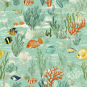 Underwater coastal wallpaper with vibrant fish, coral, and seaweed on a tranquil seafoam green background; perfect for ocean-themed decor.