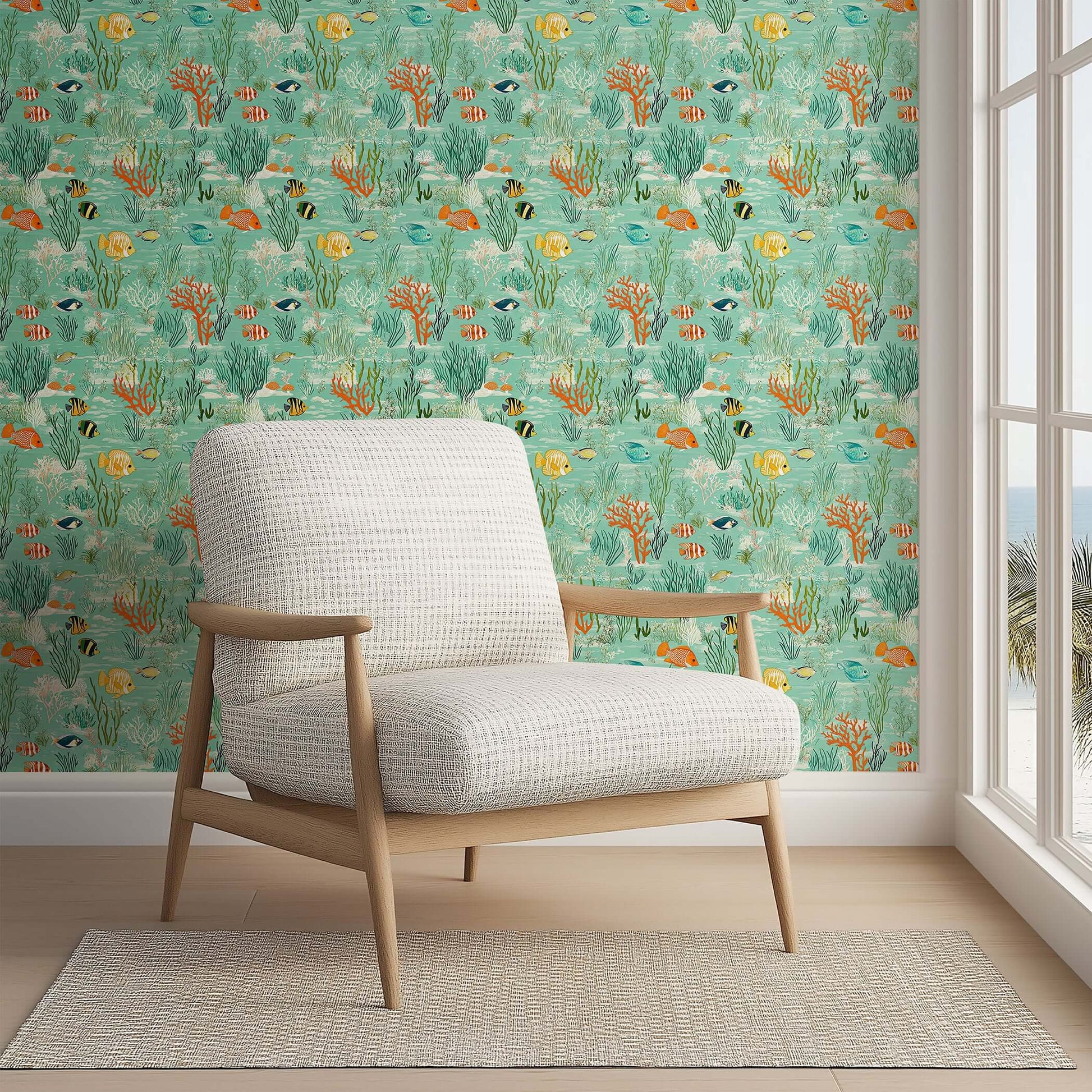 Serene Fish Garden wallpaper featuring vibrant ocean fish, coral, and seaweed on a seafoam green background, ideal for coastal decor.