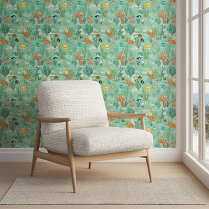 Serene Fish Garden wallpaper featuring vibrant ocean fish, coral, and seaweed on a seafoam green background, ideal for coastal decor.