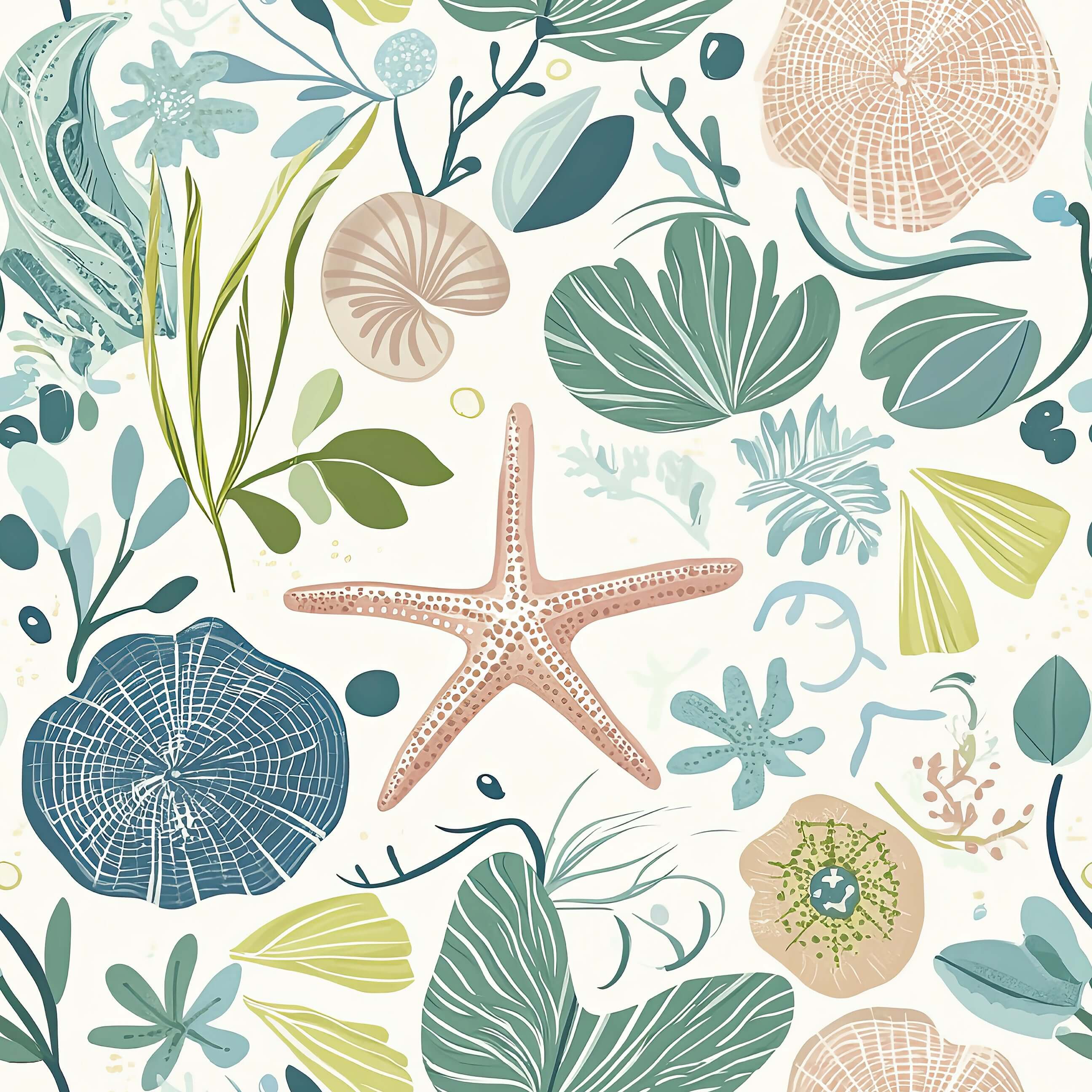  "Tidepool Treasures" coastal wallpaper with ocean-inspired starfish, seashells, coral, and seaweed in tranquil seaside colors.