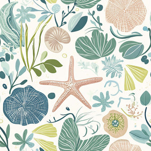 "Tidepool Treasures" coastal wallpaper with ocean-inspired starfish, seashells, coral, and seaweed in tranquil seaside colors.