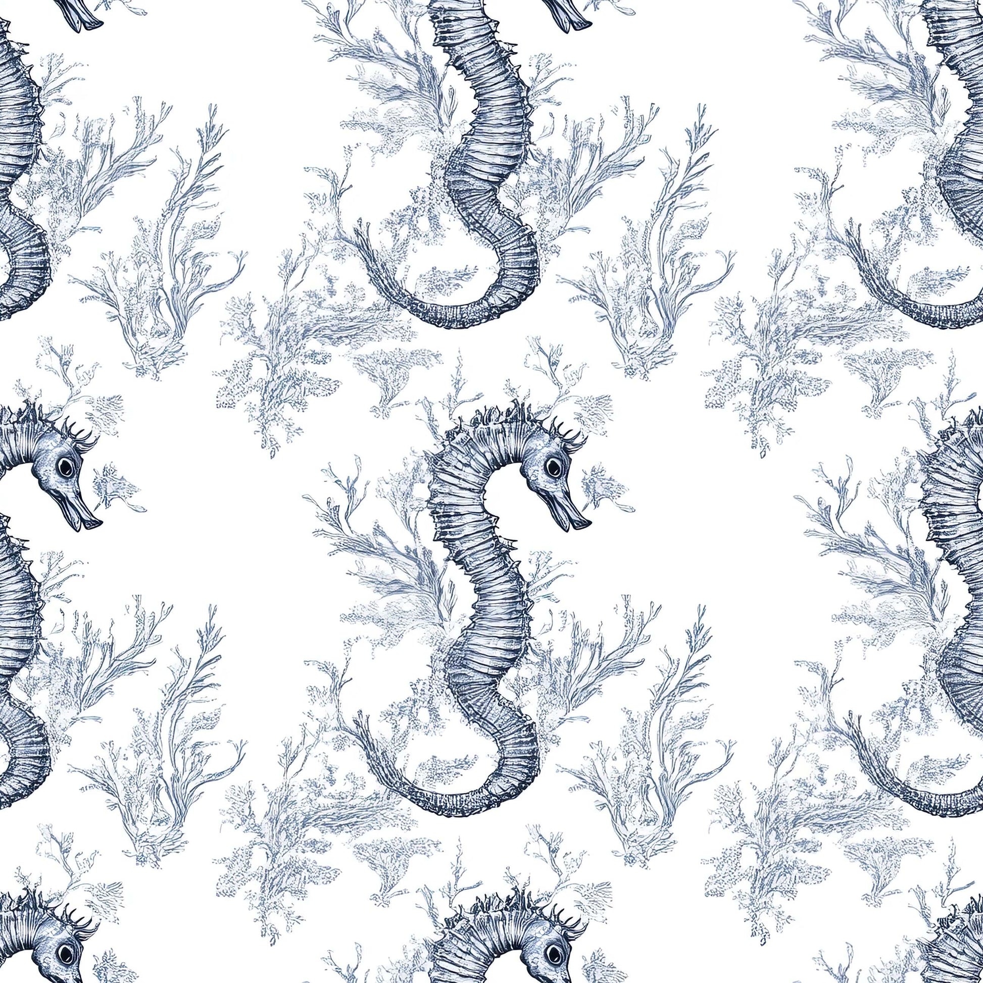 Blue Seahorse Toile wallpaper with intricate seahorse and ocean plant designs in soft blue, perfect coastal marine decor.