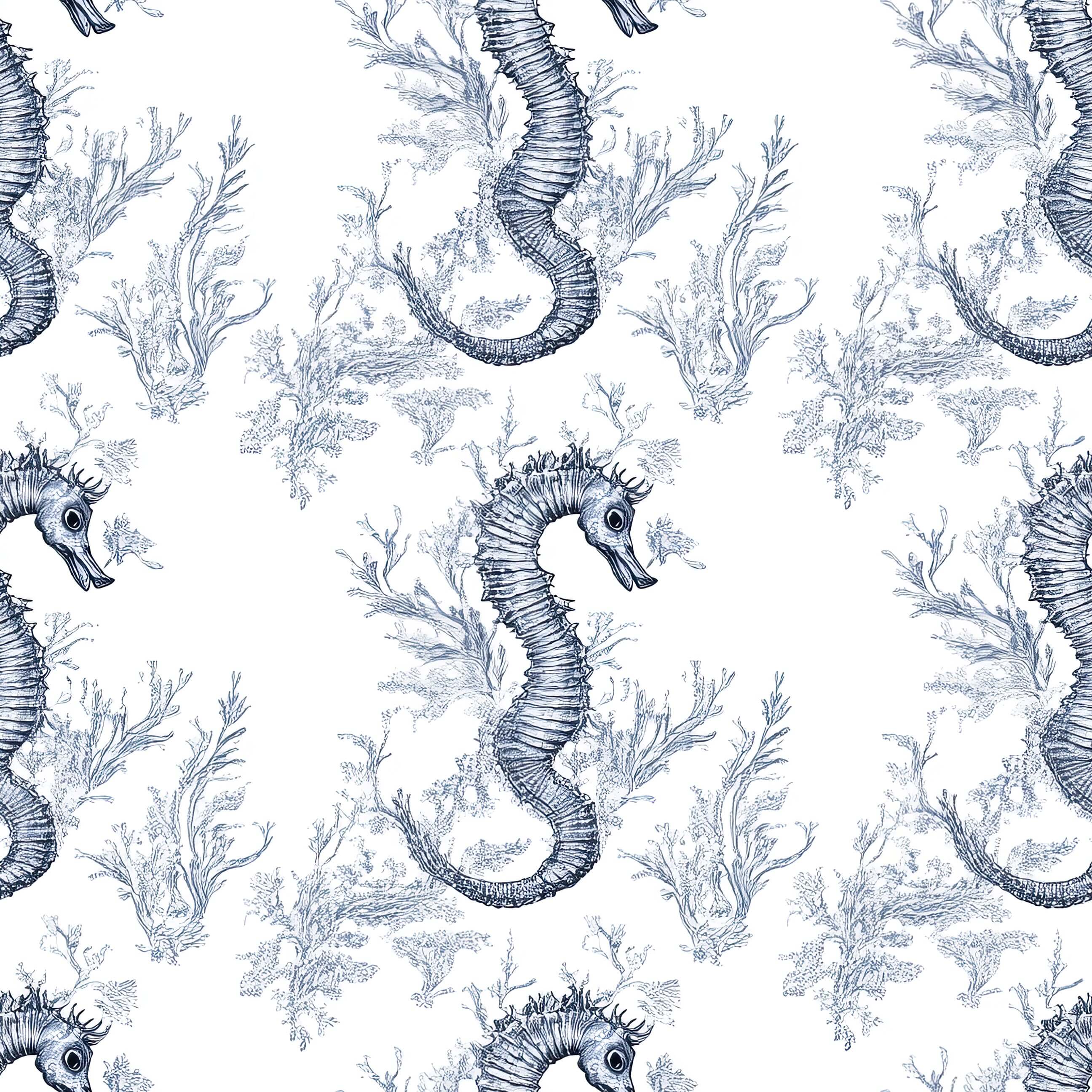 Blue Seahorse Toile wallpaper with intricate seahorse and ocean plant designs in soft blue, perfect coastal marine decor.