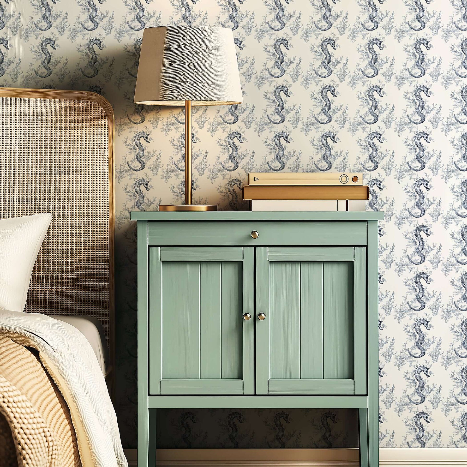 Blue Seahorse Toile Wallpaper with coastal design featuring seahorses and ocean plants, ideal for nautical-themed bedrooms.